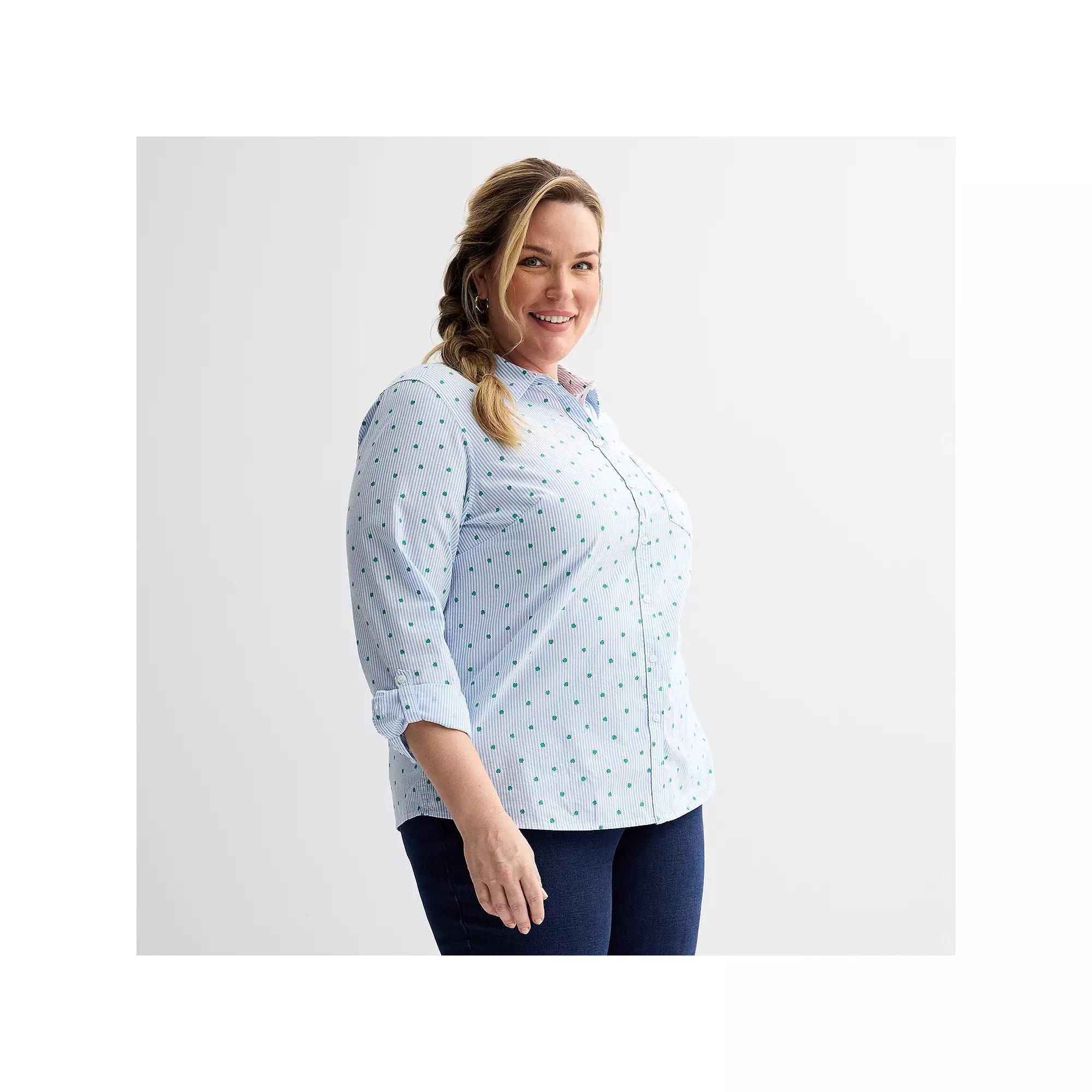 Plus Size Croft & Barrow® Essential One Pocket Button Down Shirt, Women's, Size: 2XL, Shamrock Stripe Product Image