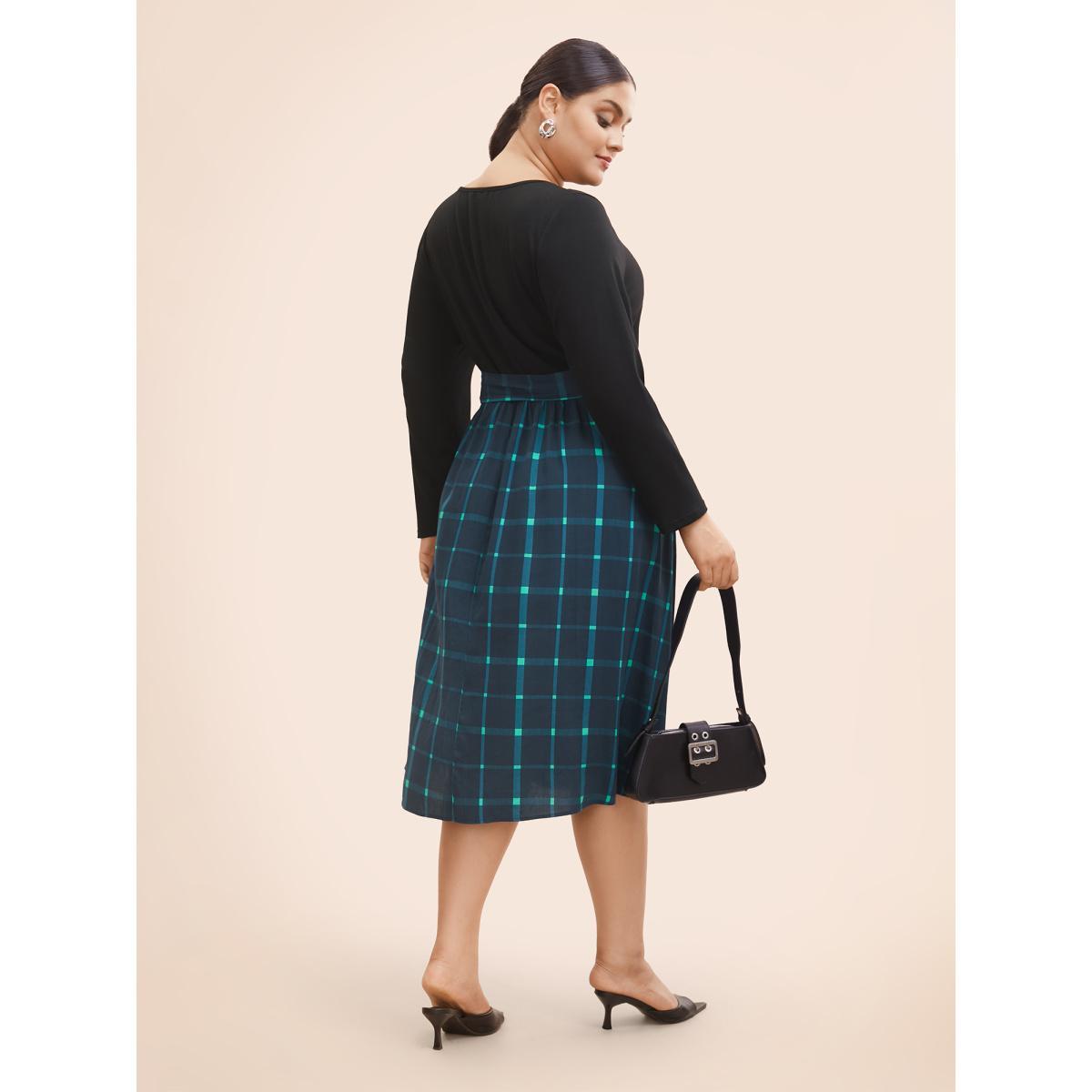Plus Size Plaid Patchwork Belted Midi Dress Navy Women At the Office Belted Round Neck Long Sleeve Curvy BloomChic 14-16/1X Product Image