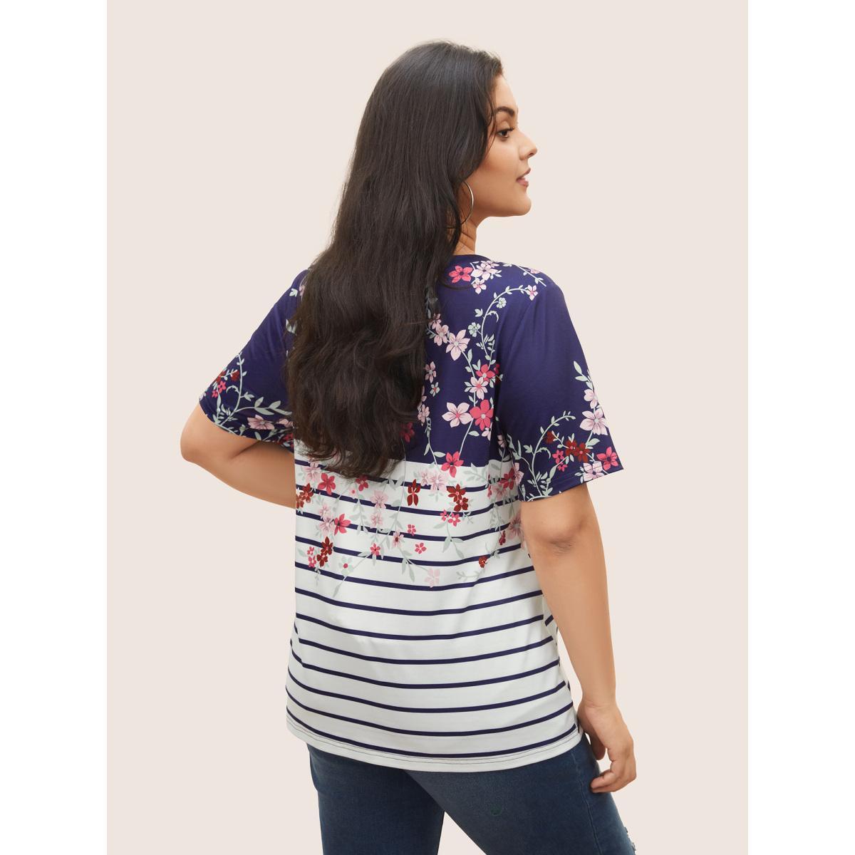 Plus Size Striped Contrast Boho Print Crew Neck T-shirt Indigo Women Casual Round Neck Everyday T-shirts BloomChic 30/6X Product Image