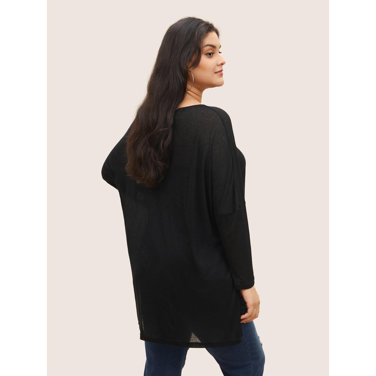 Plus Size Plain Mesh Split Side Long Sleeve T-shirt Black Women Casual Slit Round Neck Everyday T-shirts BloomChic 26/4X Product Image