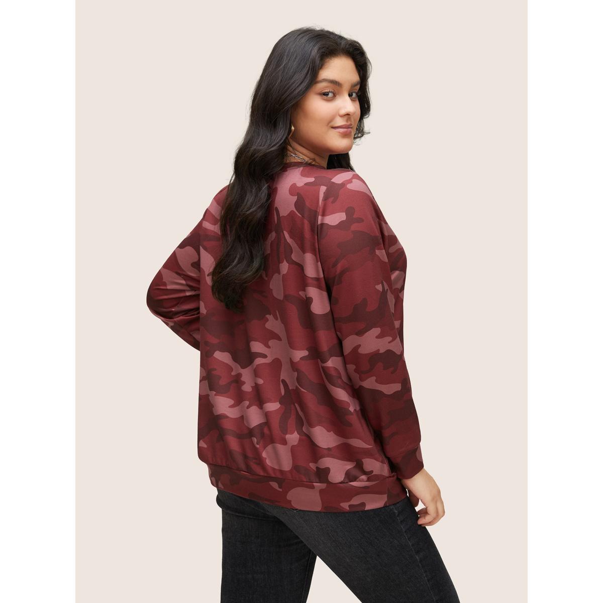 Plus Size Camo Print Crew Neck Sweatshirt Women Russet Casual Contrast Round Neck Everyday Sweatshirts BloomChic 22-24/3X Product Image