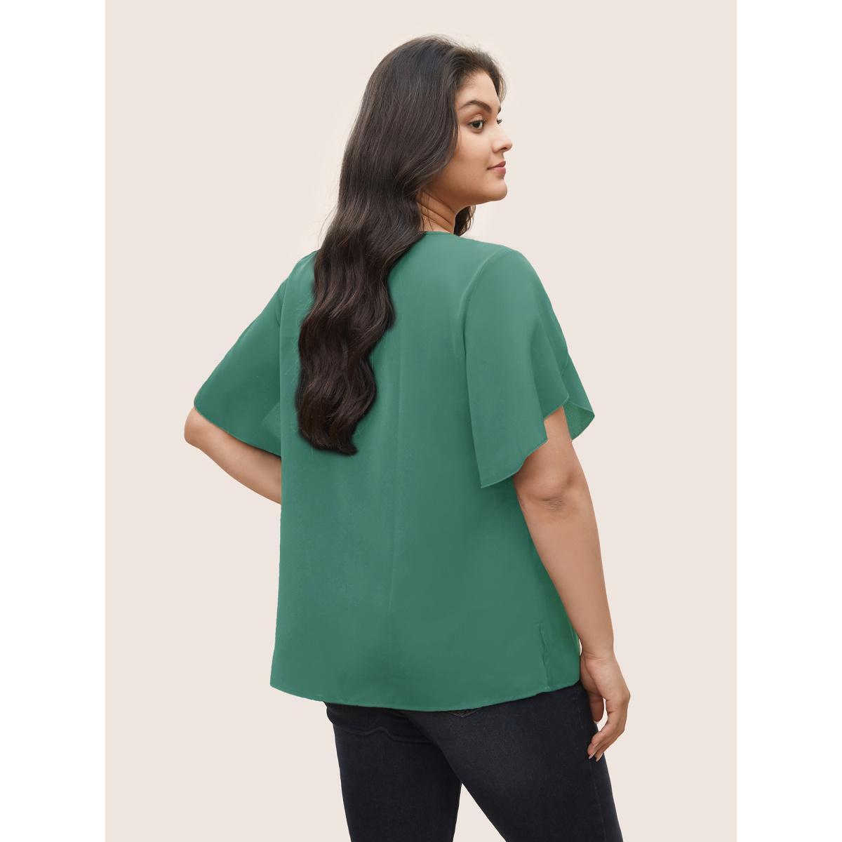 Plus Size Teal Solid Keyhole Petal Sleeve Pleated Blouse Women Work From Home Short sleeve Notched collar Work Blouses BloomChic 26/4X Product Image