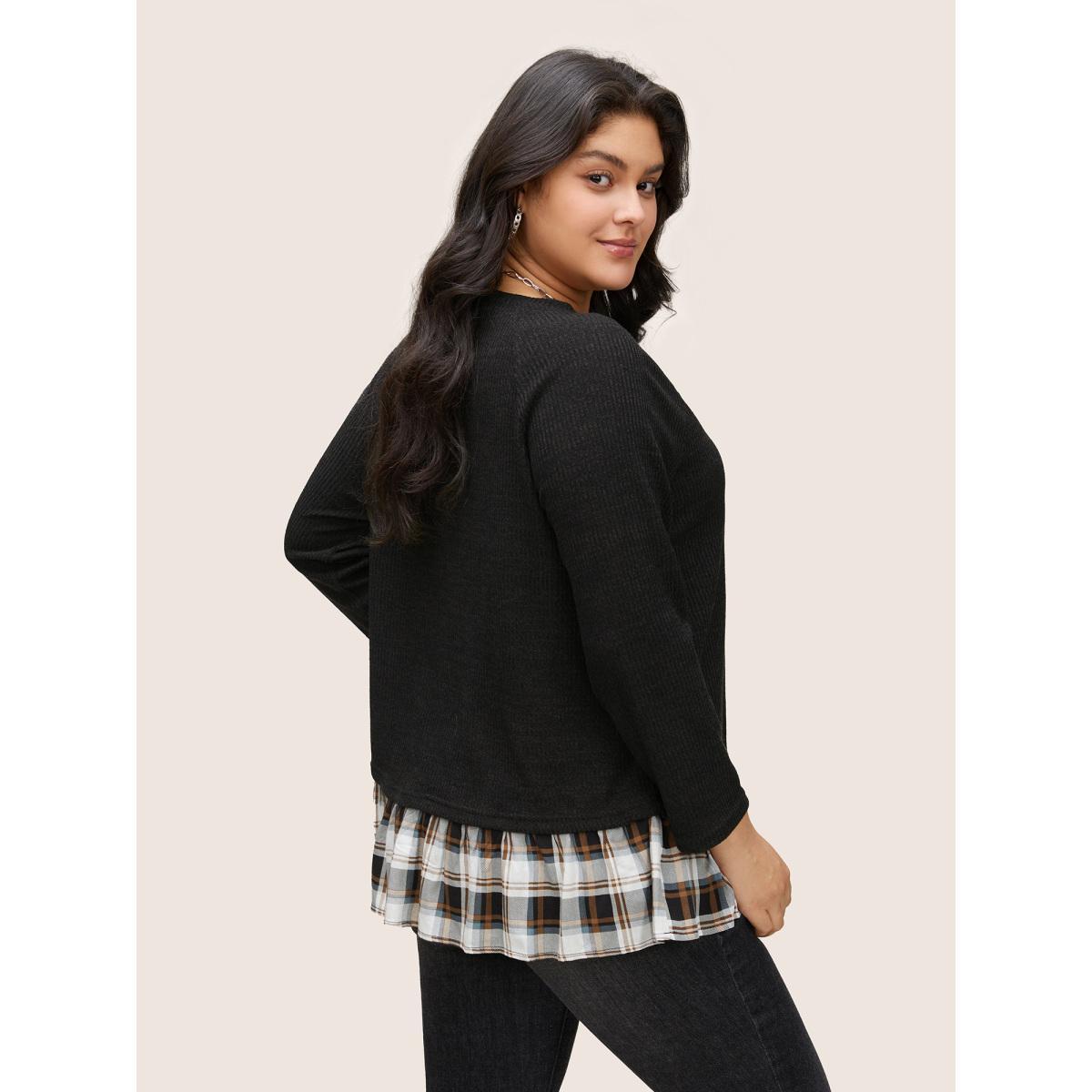Plus Size Rib Knit Plaid Patchwork Raglan Sleeve T-shirt Black Women Casual Texture Plaid Round Neck Everyday T-shirts BloomChic 18-20/2X Product Image