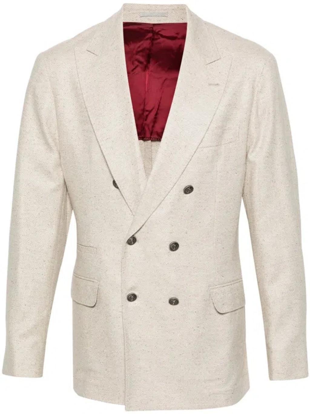 BRUNELLO CUCINELLI Double-breasted Wool Blend Blazer In Nude & Neutrals Product Image