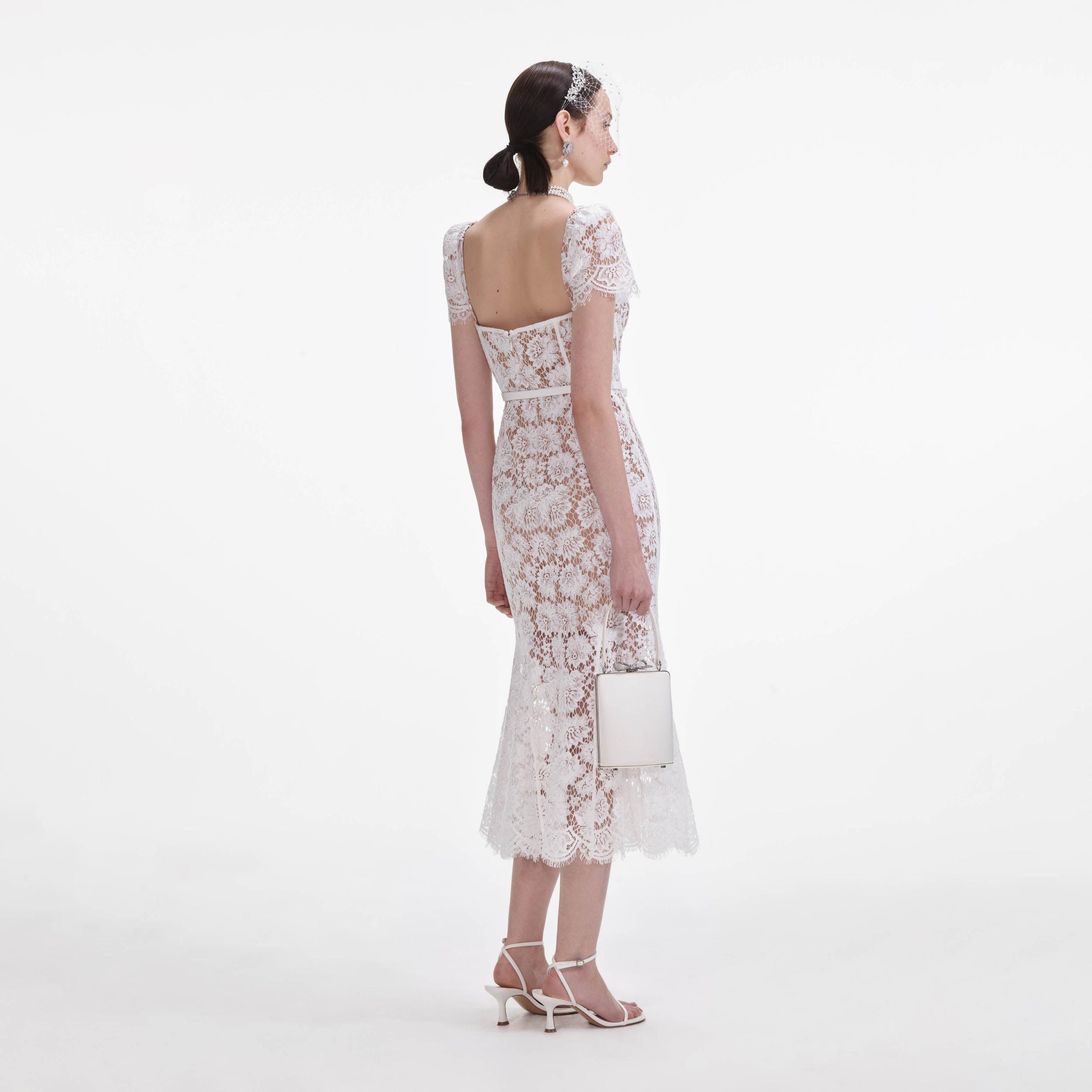 White Fine Lace Midi Dress Product Image