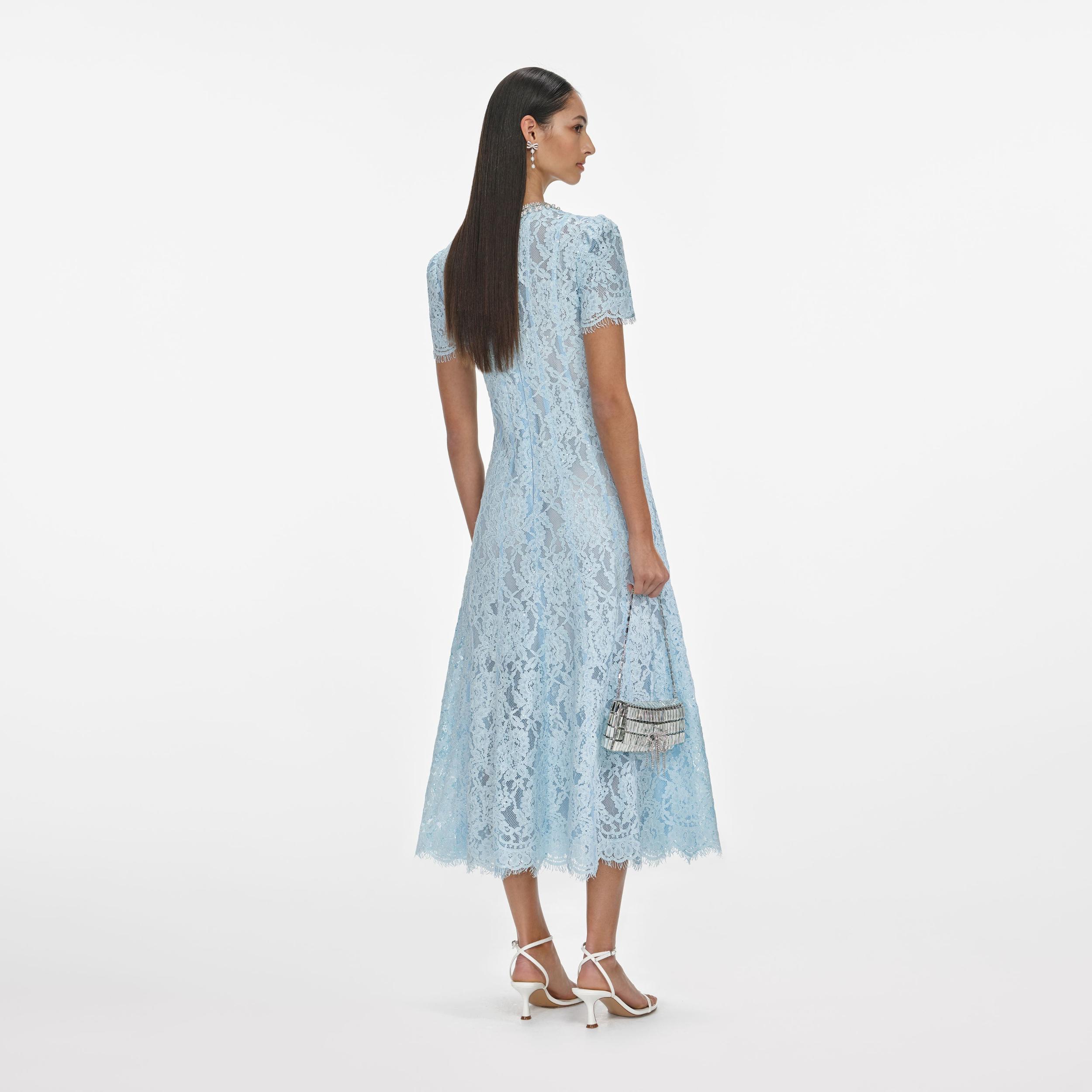 Blue Lace Embellished Midi Dress Product Image