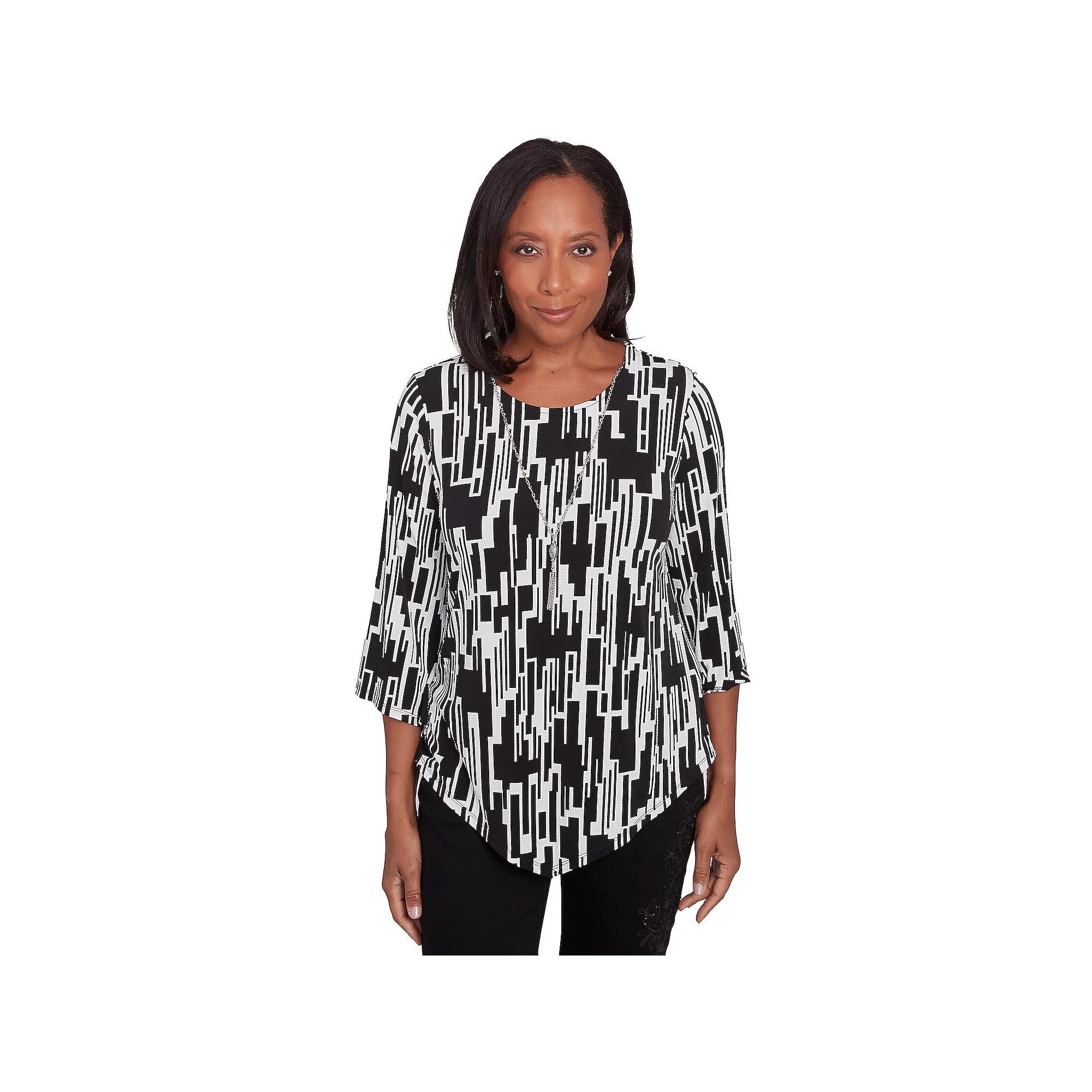 Women's Alfred Dunner Vertical Geometric Top with Necklace, Size: Medium, Black And White Product Image