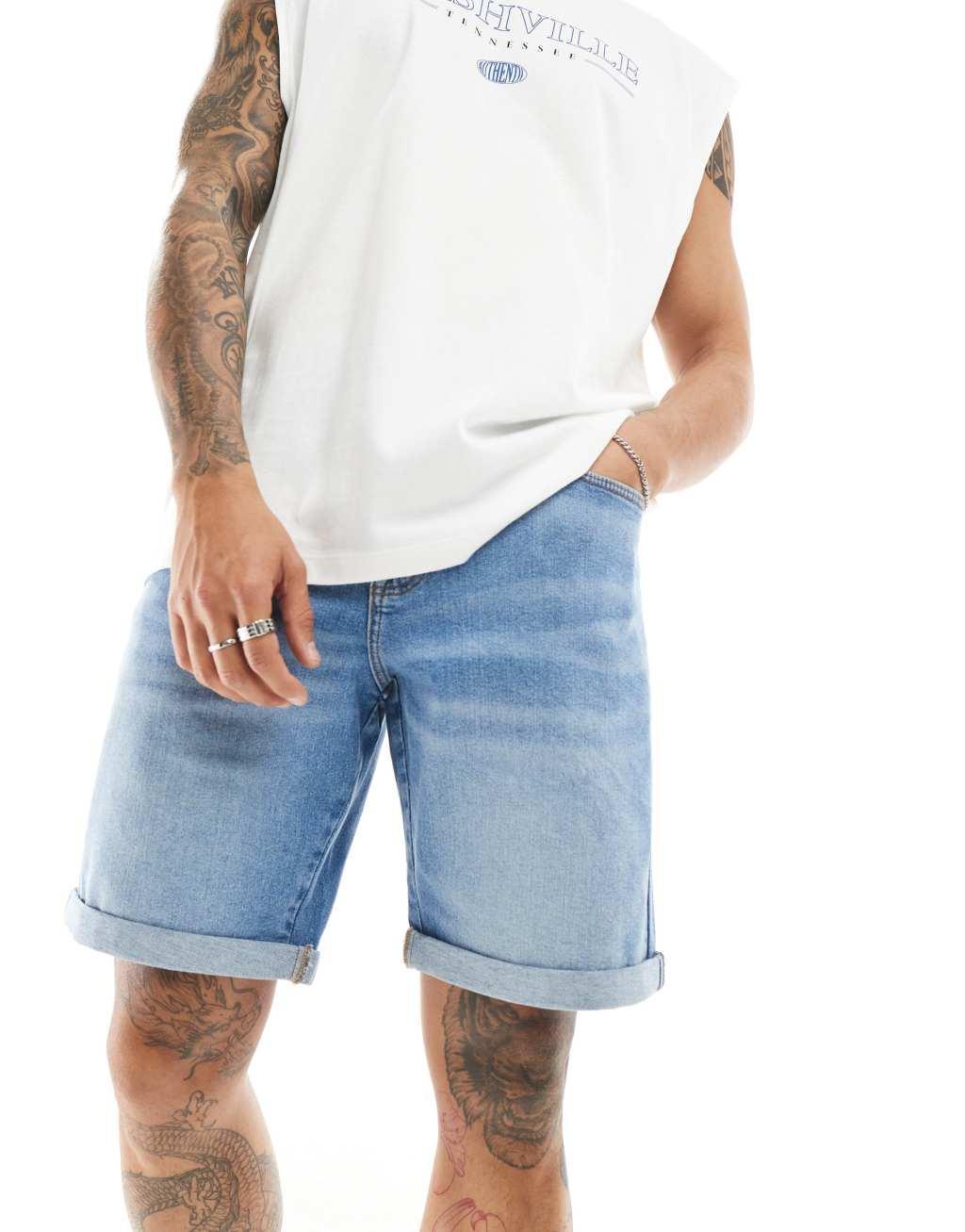 ASOS DESIGN stretch slim regular length denim short in vintage light wash blue Product Image