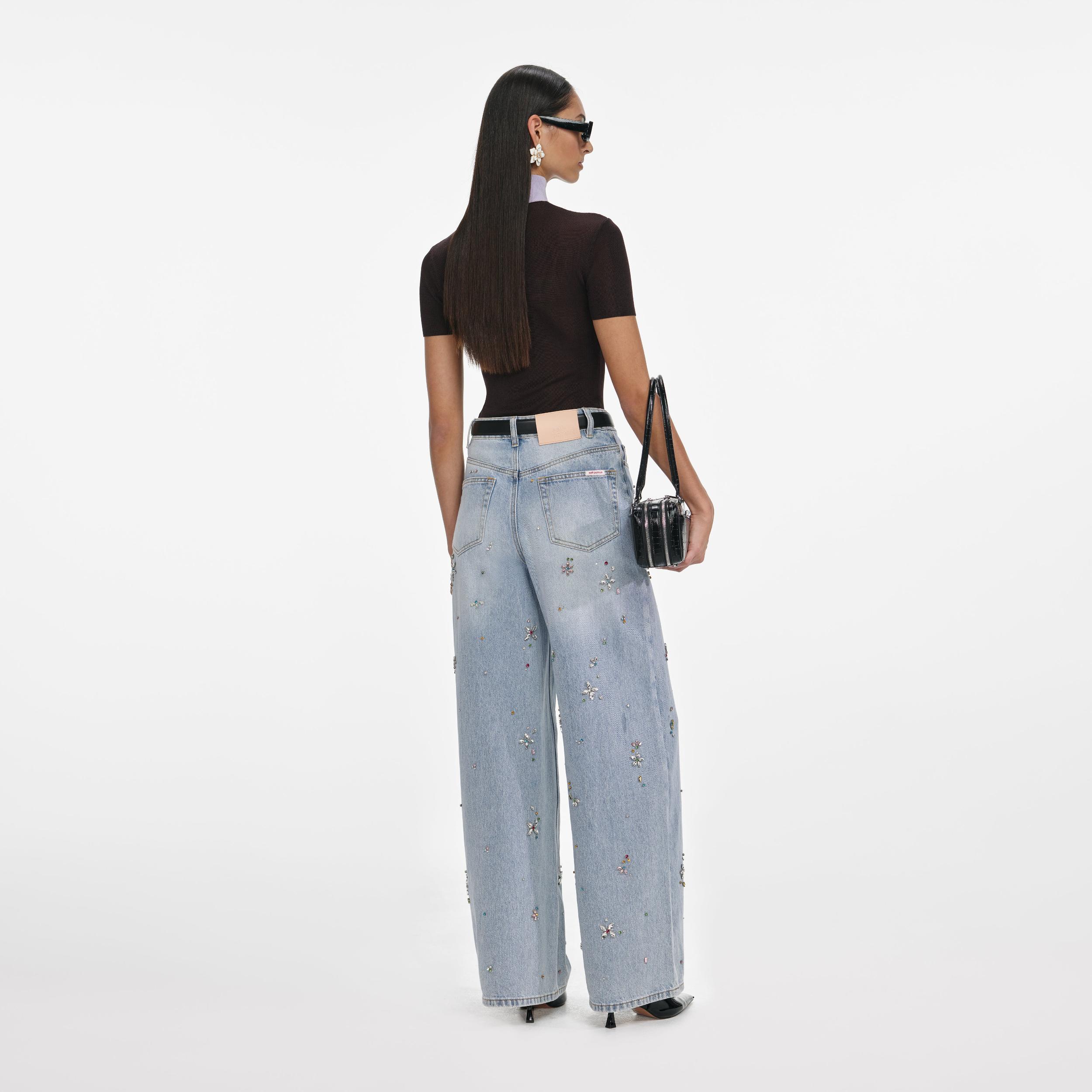 Light Blue Embellished Wide Leg Jeans Product Image
