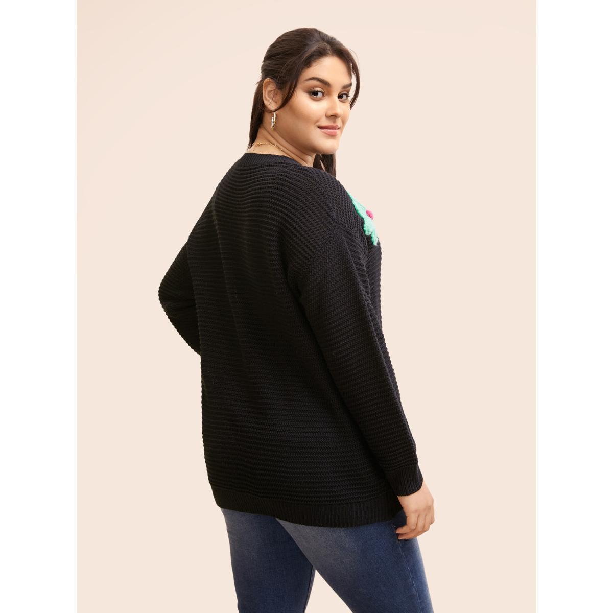 Plus Size Colored Crochet Floral Drop Shoulder Sleeve Pullover Black Women Casual Loose Three Quater Length Sleeve Round Neck Everyday Pullovers BloomChic 30/6X Product Image