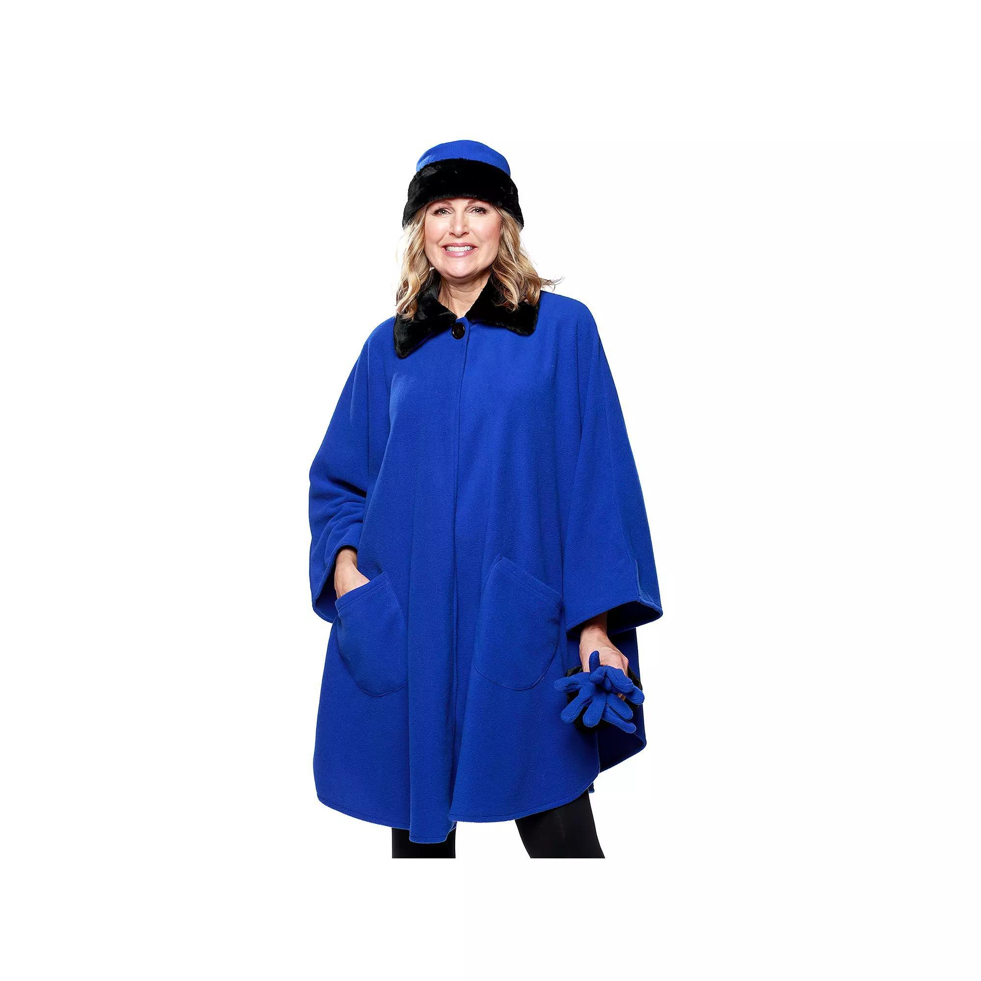 Women's Le Moda Faux Fur Trim Polar Fleece Wrap with Matching Gloves & Hat, Blue Product Image