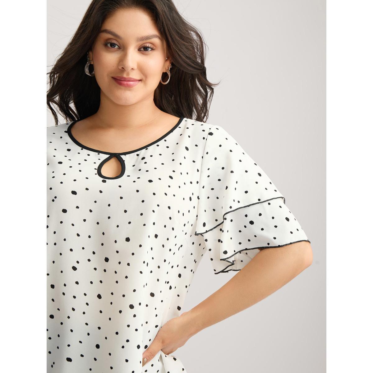 Plus Size Originalwhite Polka Dots Contrast Layered Sleeve Blouse Women Short sleeve Round Neck Work Blouses BloomChic 12/L Product Image