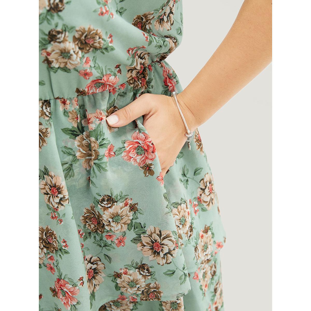 Plus Size Floral Pocket Ruffle Tiered Keyhole Knotted Halter Dress Mint Women Elegant Lined Halter neck Sleeveless Curvy Knee Dress BloomChic 10/M Product Image