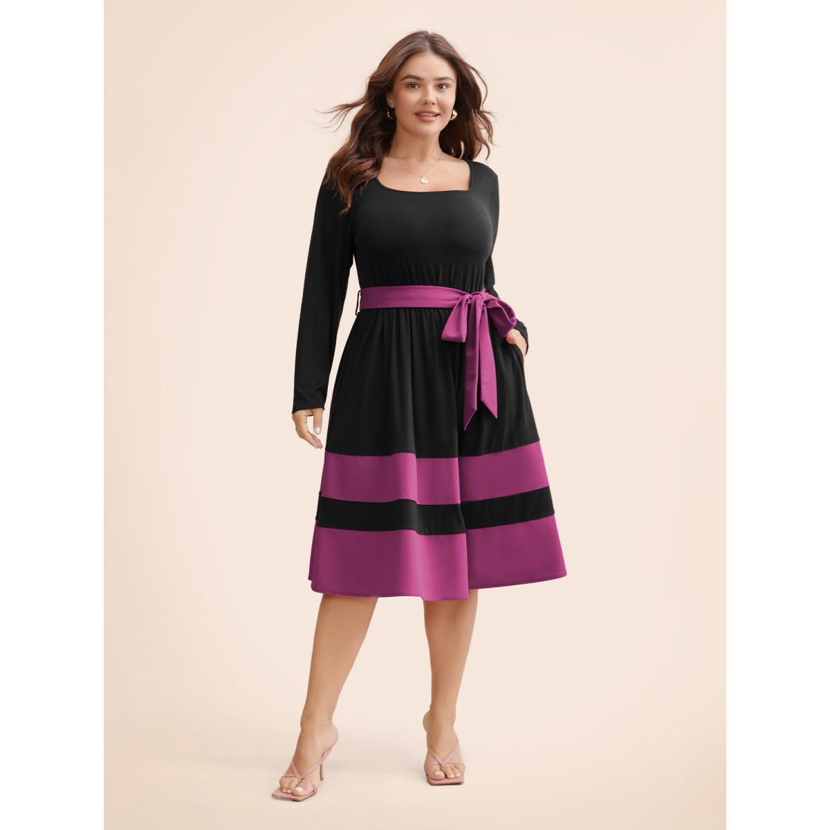 Plus Size Two Tone Belted Bowknot Square Neck Dress RedViolet Women Elegant Non Square Neck Long Sleeve Curvy Knee Dress BloomChic 30/6X Product Image