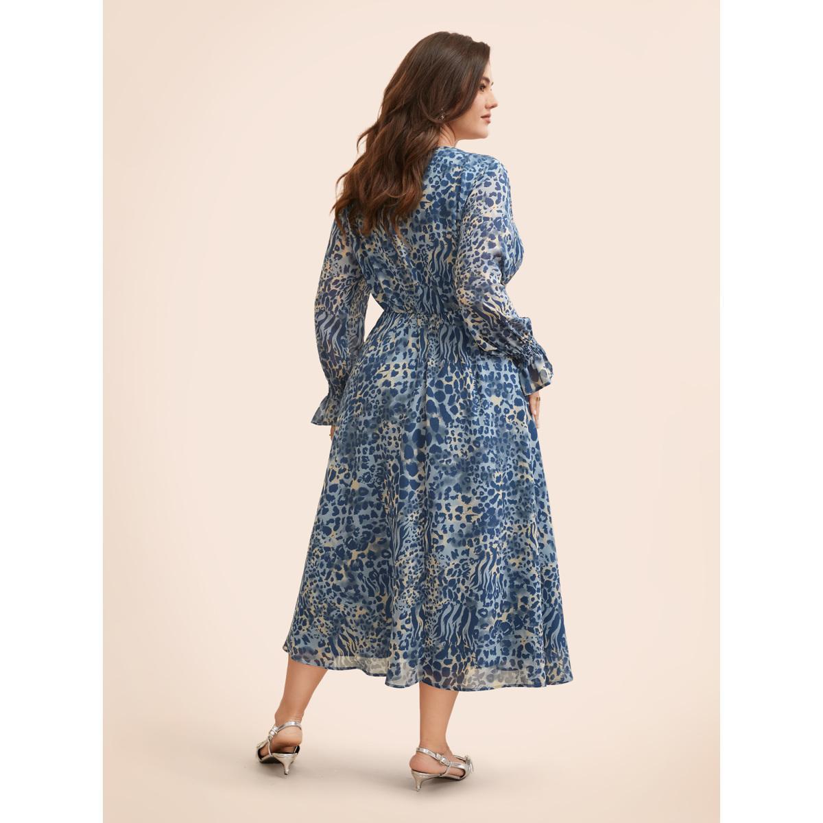 Plus Size Leopard Print Chiffon Tie Knot Dress Stone Women Elegant Tie knot V-neck Long Sleeve Curvy BloomChic 18-20/2X Product Image