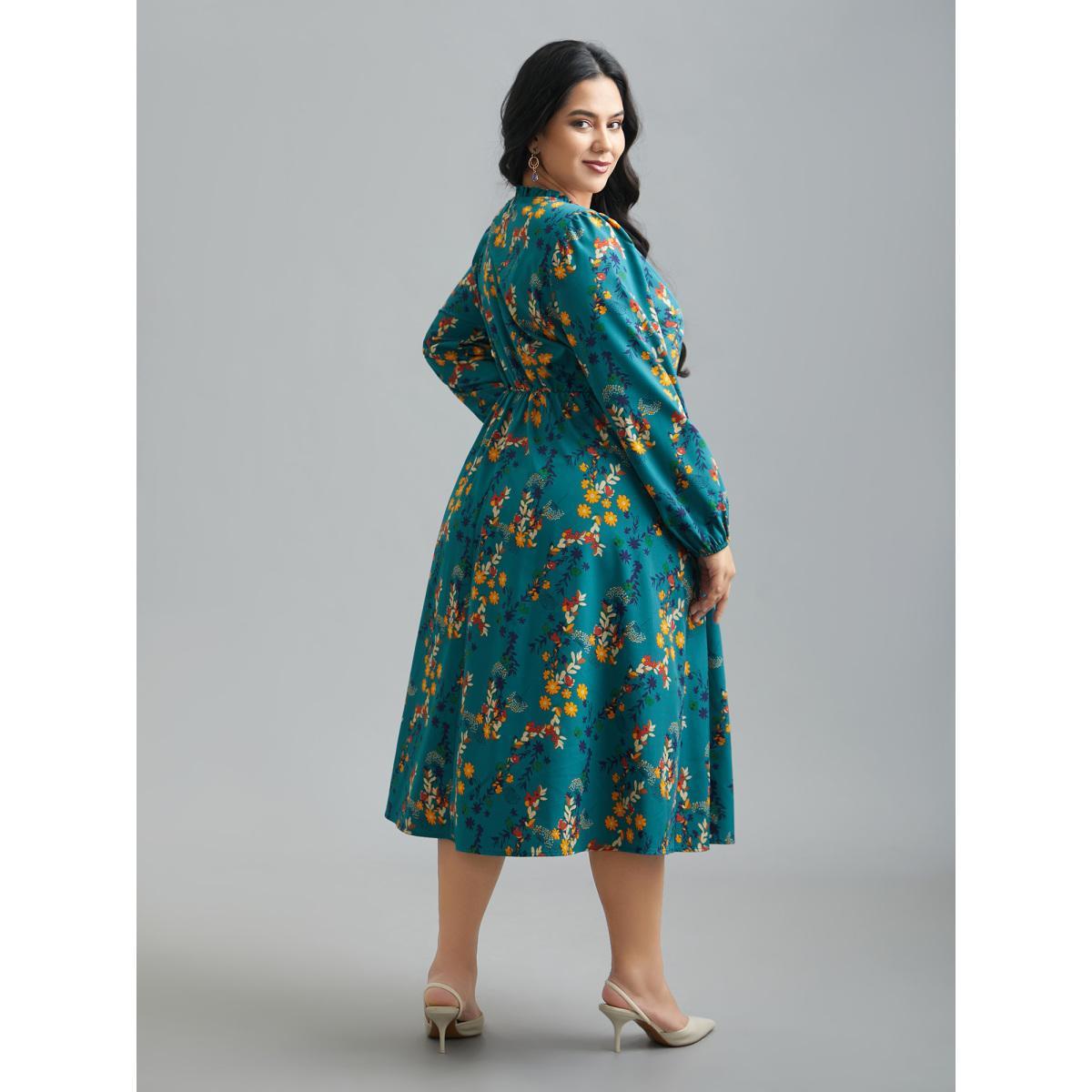 Plus Size Floral Print Ruffled Notched Collar Midi Dress Aegean Women Elegant Gathered Notched collar Long Sleeve Curvy BloomChic 12/L Product Image