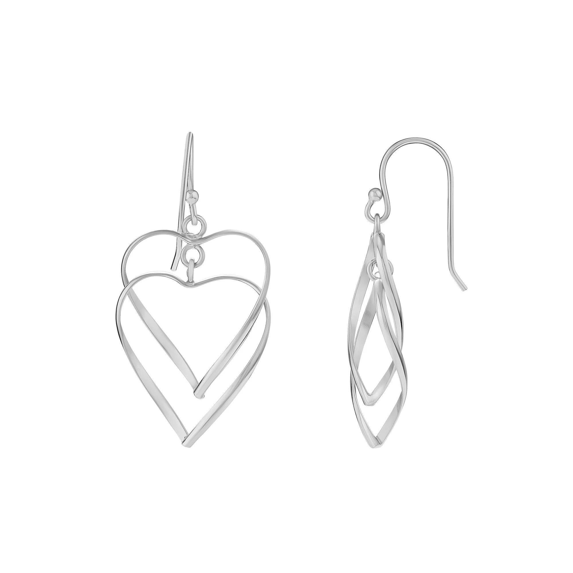 PRIMROSE Silver Tone Polished Double Heart Wire Drop Earrings, Women's Product Image