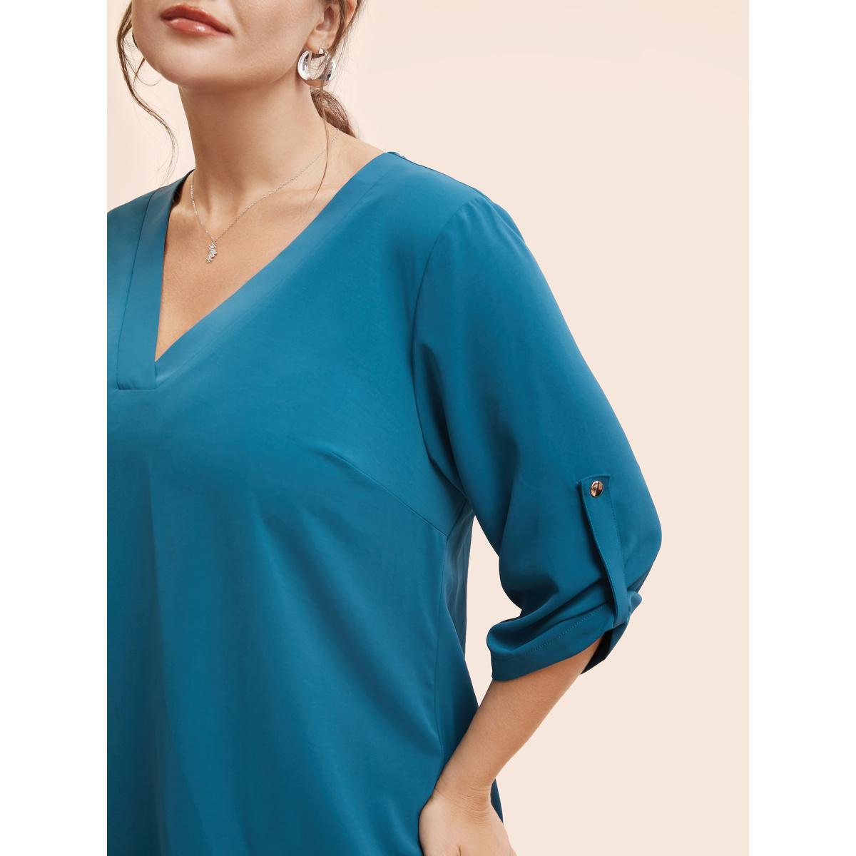 Plus Size Aegean Solid Cuffed Sleeve Gathered Curved Hem Blouse Women Office Elbow-length sleeve V-neck Work Blouses BloomChic 14-16/1X Product Image
