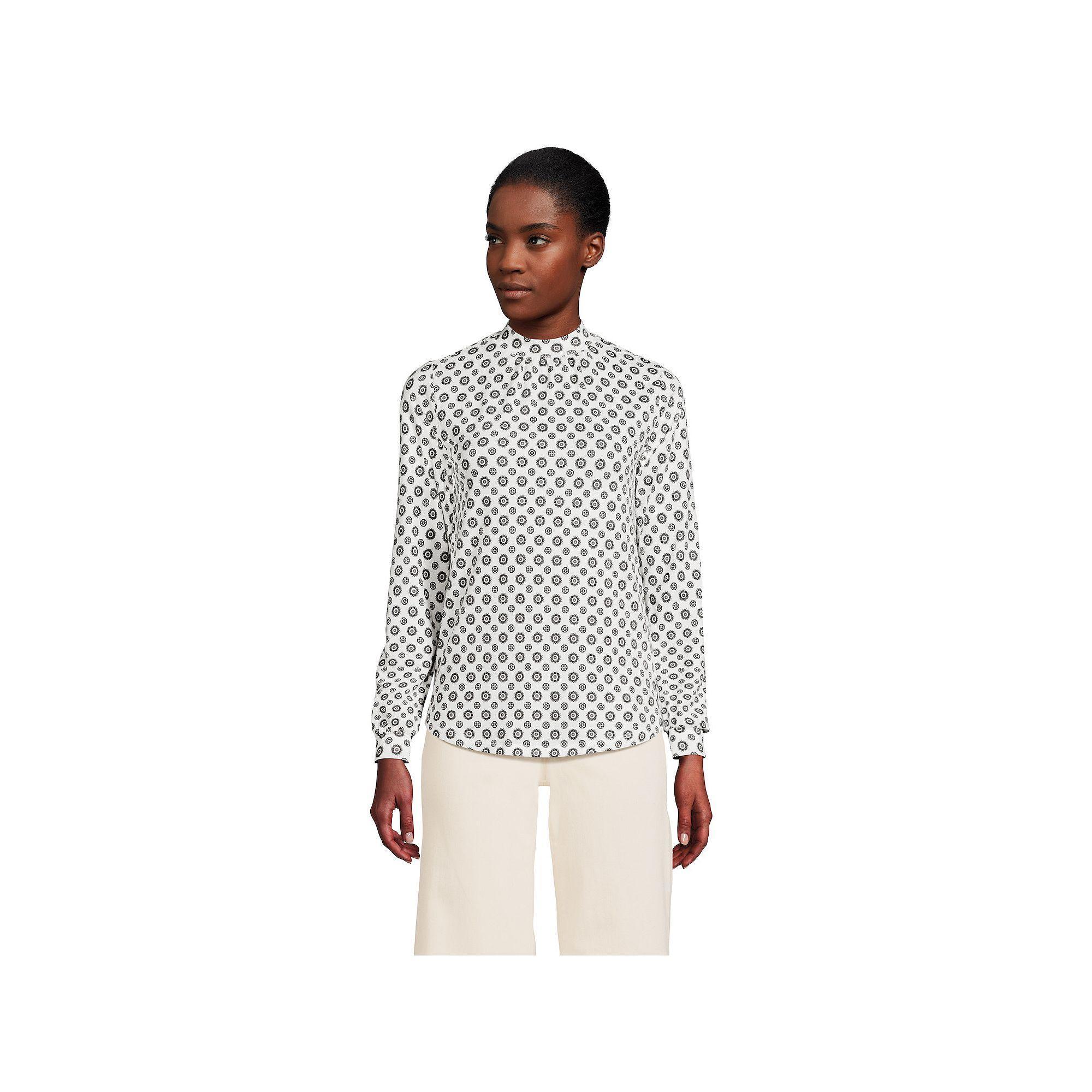 Women's Lands' End Gathered Mockneck Top, Size: Large, Ivory Encircle Geo Product Image