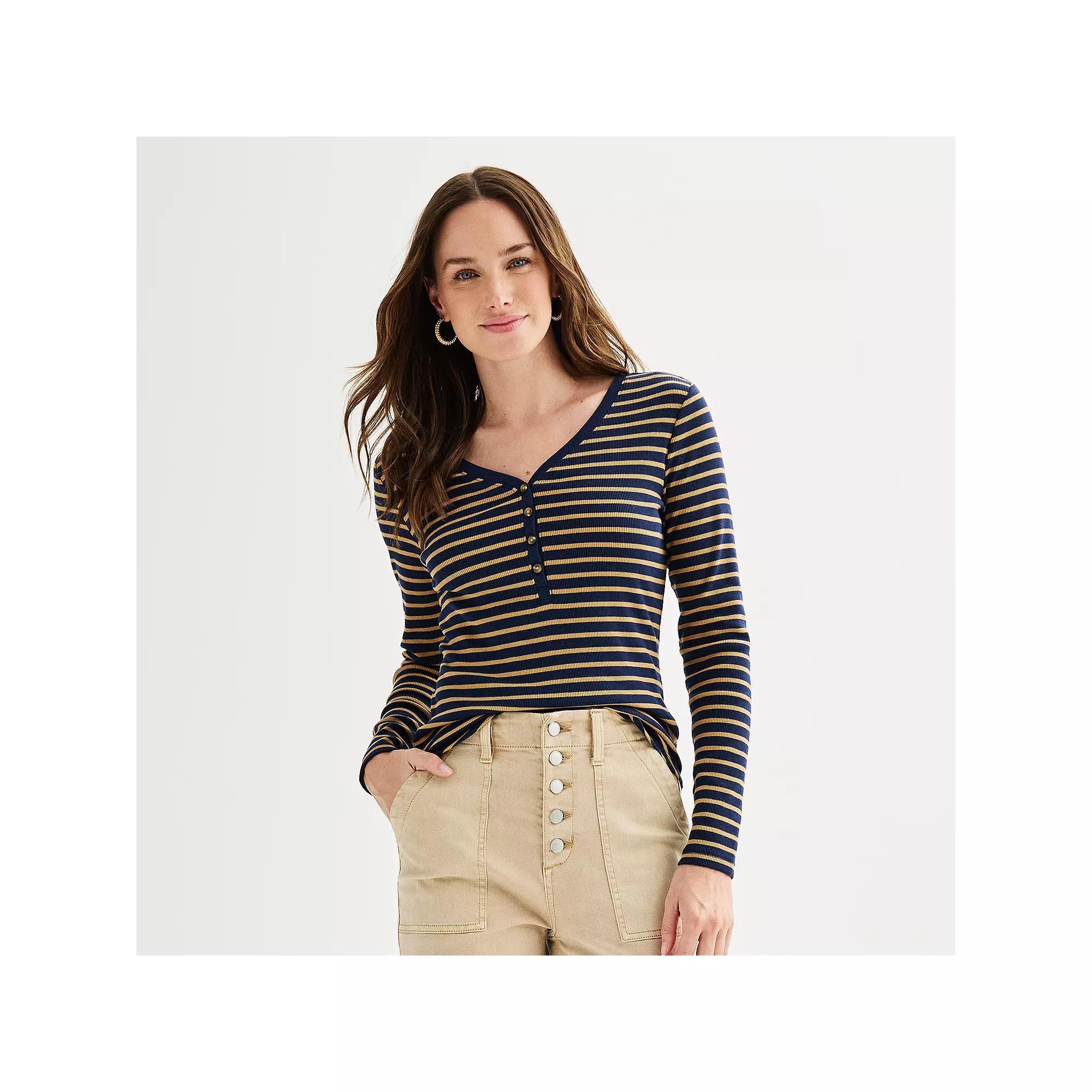 Women's Sonoma Goods For Life® Rib Long Sleeve Henley, Size: XXL, Blue Brown Stripe Product Image
