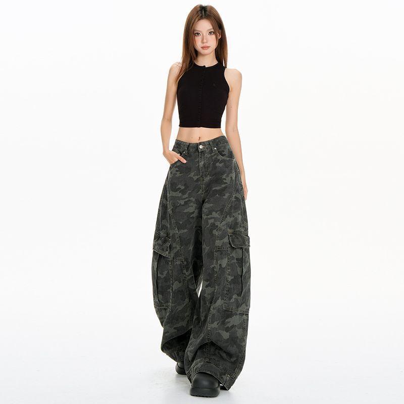 Mid Rise Camo Print Washed Wide Leg Cargo Jeans Product Image