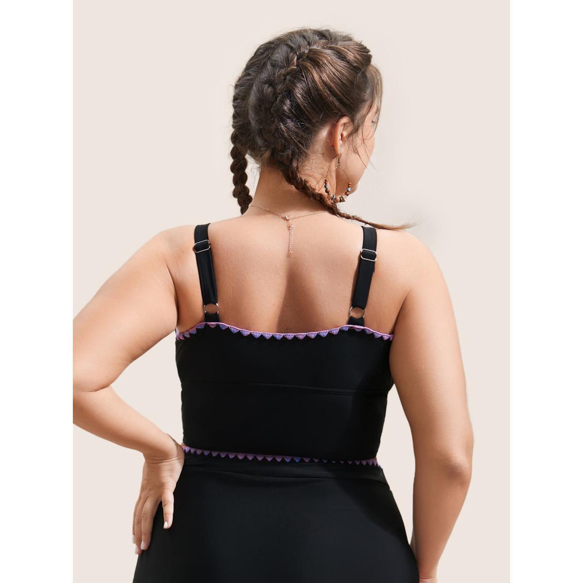 Plus Size Shell Stitch Hollow Out Warp Swim Top Women's Swimwear Black Beach Non High stretch Skinny V-neck Curve Swim Tops BloomChic 26/4X Product Image