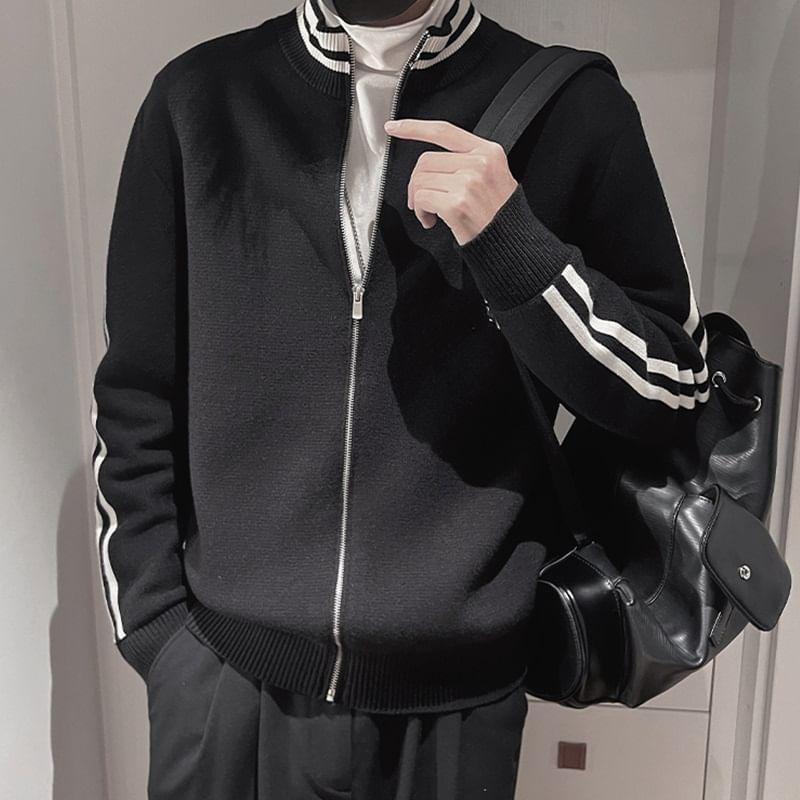 Stand Collar Striped Zip Cardigan Product Image