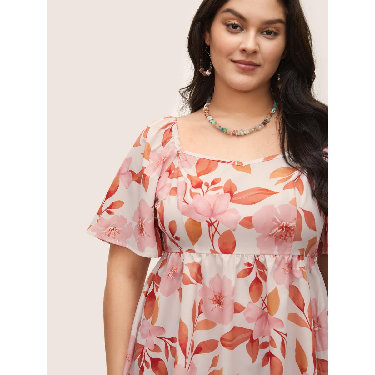 Plus Size Apricot Floral Ruffle Sleeve Elastic Waist Blouse Women Resort Short sleeve Square Neck Vacation Blouses BloomChic 12/L Product Image