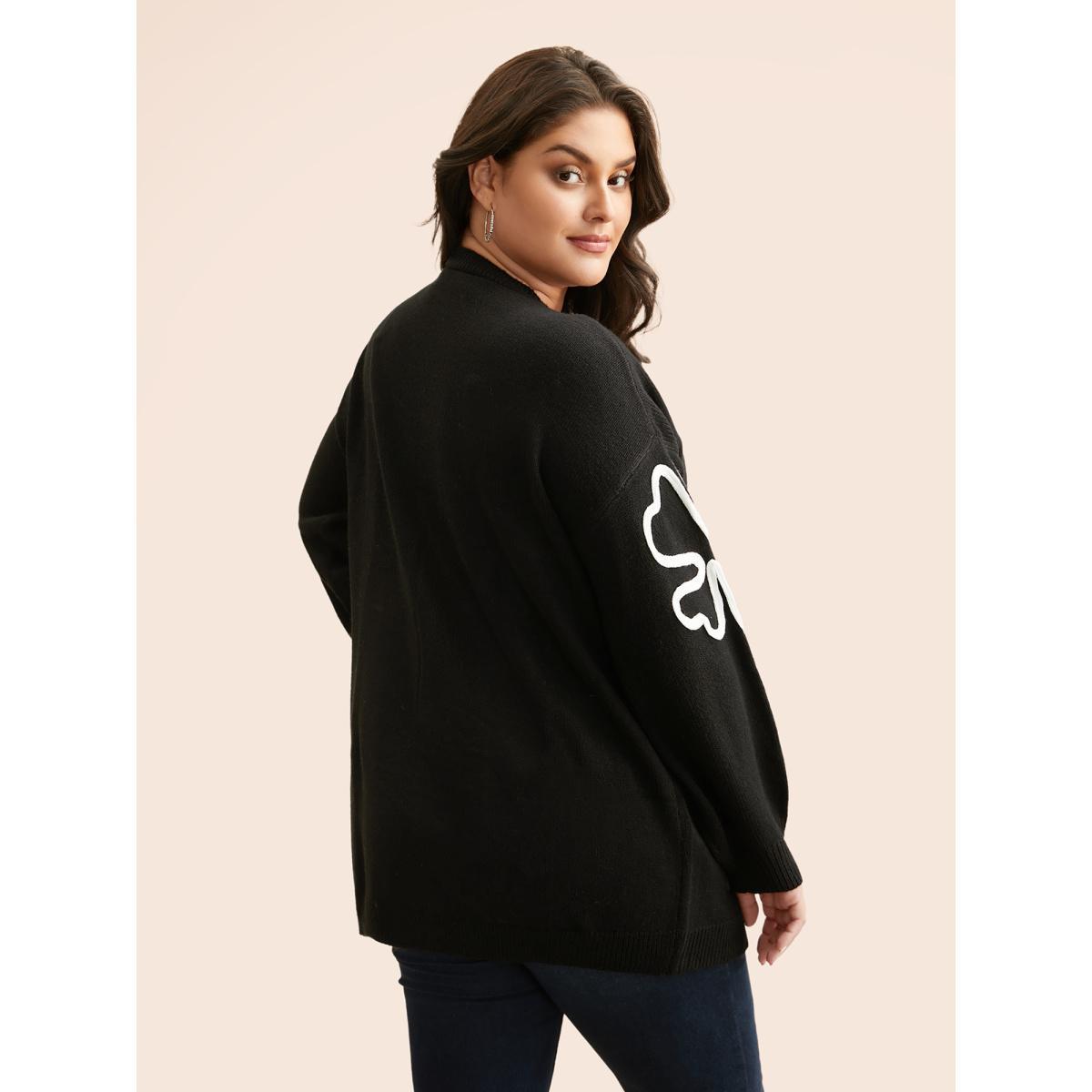 Plus Size Crochet Floral Kimono Collar Pocket Cardigan Black Women Casual Loose Long Sleeve Everyday Cardigans BloomChic 12/L Product Image
