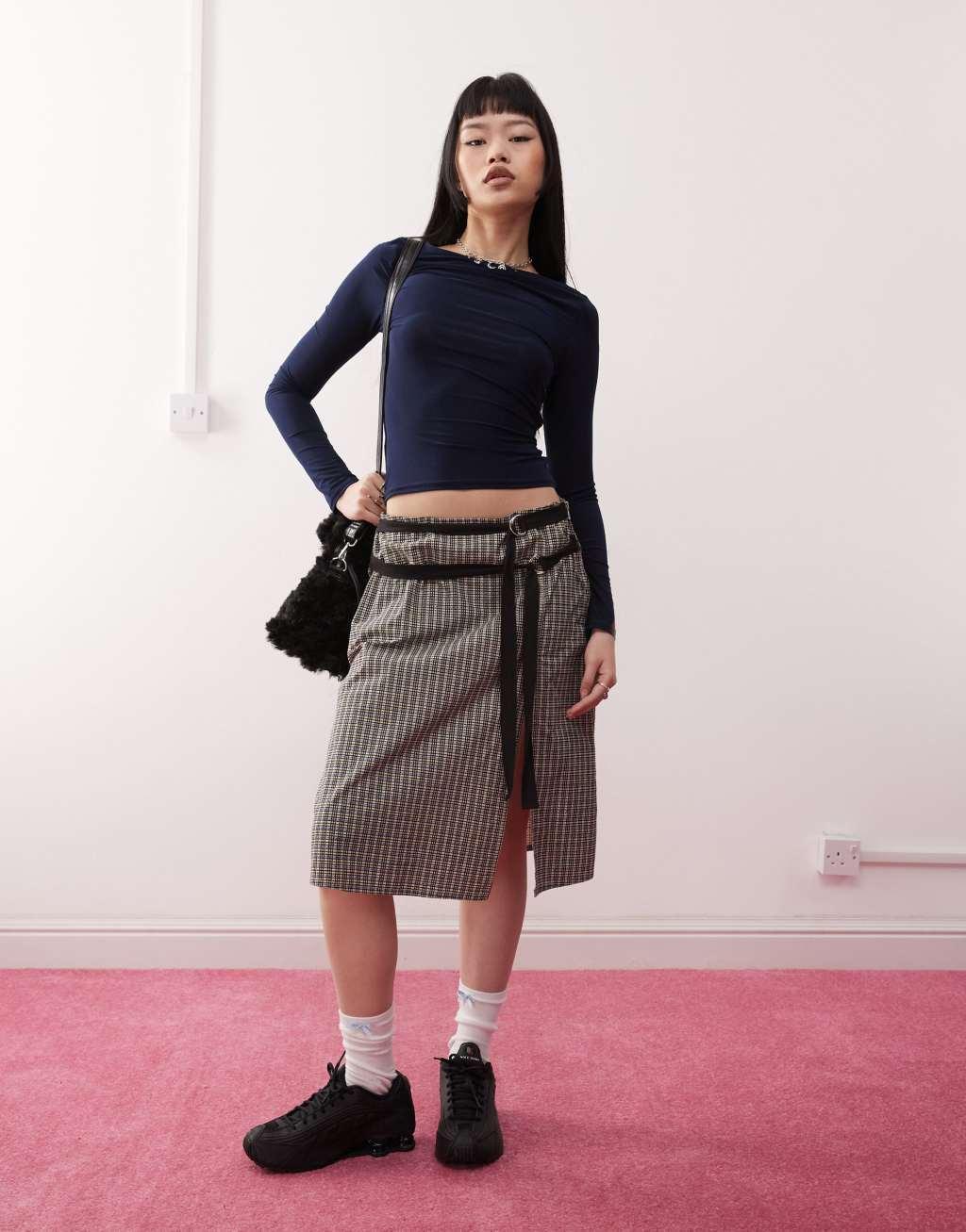 COLLUSION tie waist long sleeve slash neck top in navy Product Image