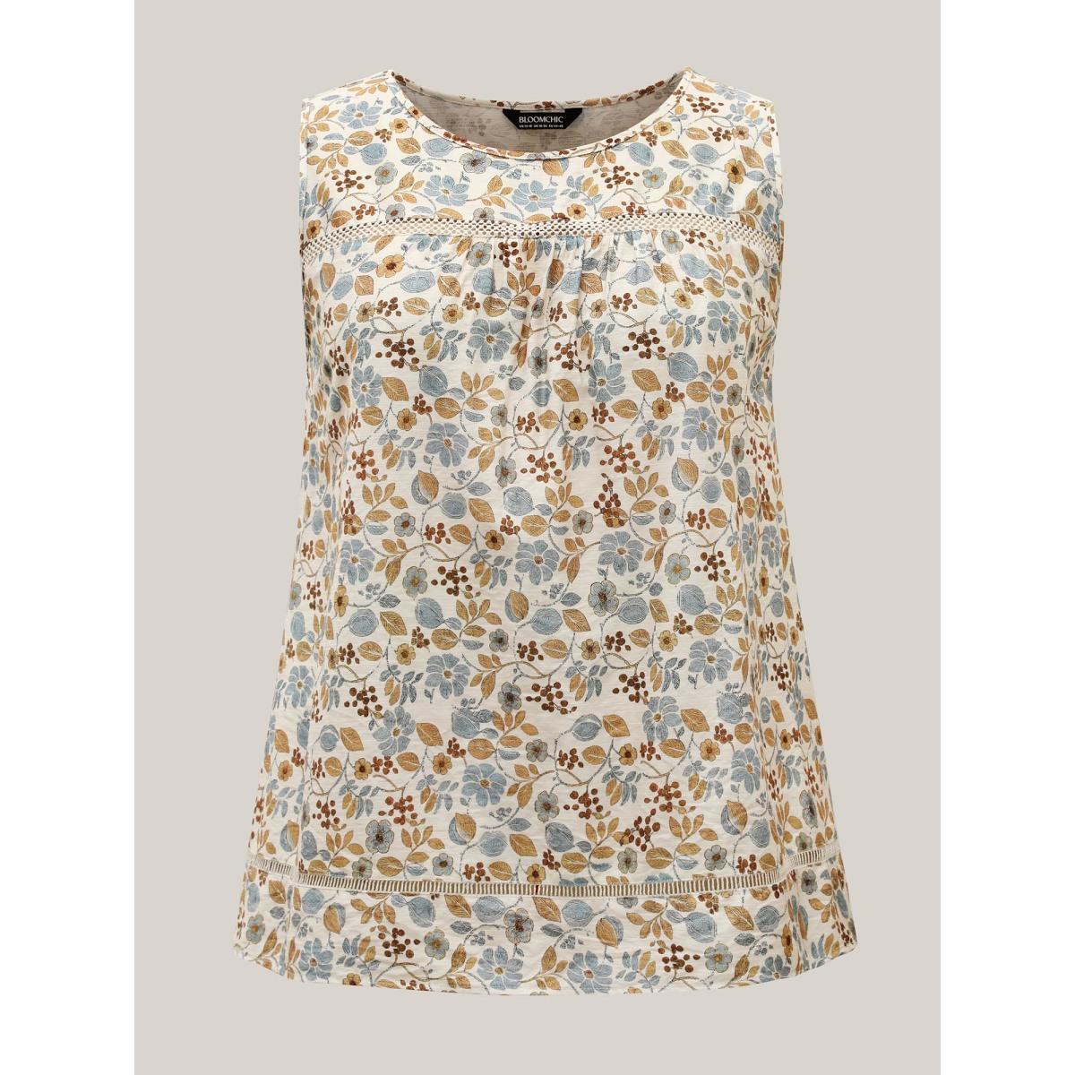 Plus Size Lace Trim Spliced Floral Print Tank Top Women Multicolor Woven ribbon&lace trim Round Neck Vacation Tank Tops Camis BloomChic 30/6X Product Image