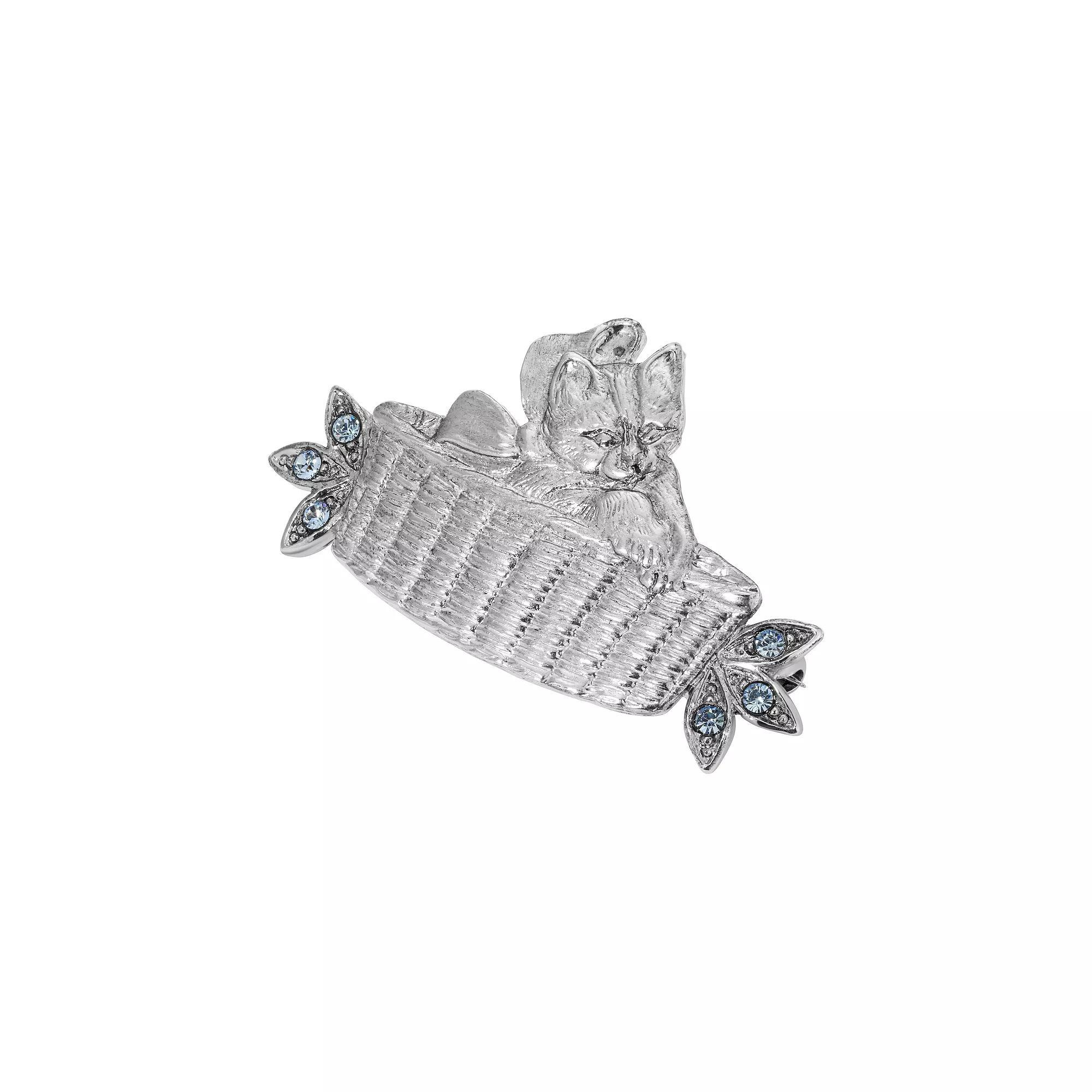 1928 Silver Tone Cat-In-Basket Brooch, Womens, Gray Product Image