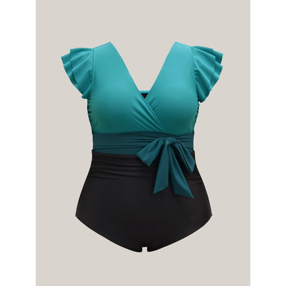 Plus Size Color Block Belted Ruffle Sleeve One-Piece Swimsuit Women's Swimwear Teal Beach Tie knot Curve Bathing Suits High stretch One Pieces BloomChic 30/6X Product Image