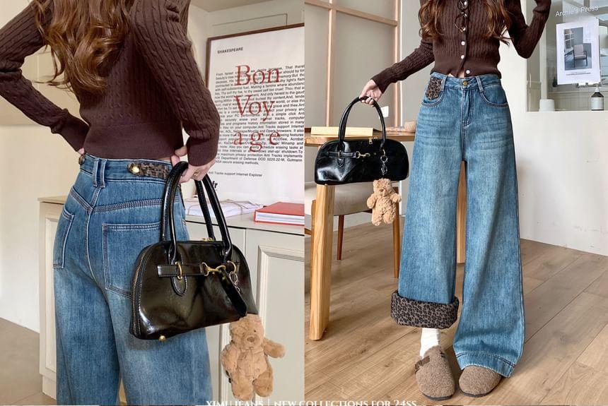Fleece-Lined Leopard-Print Trim Flared Jeans Product Image