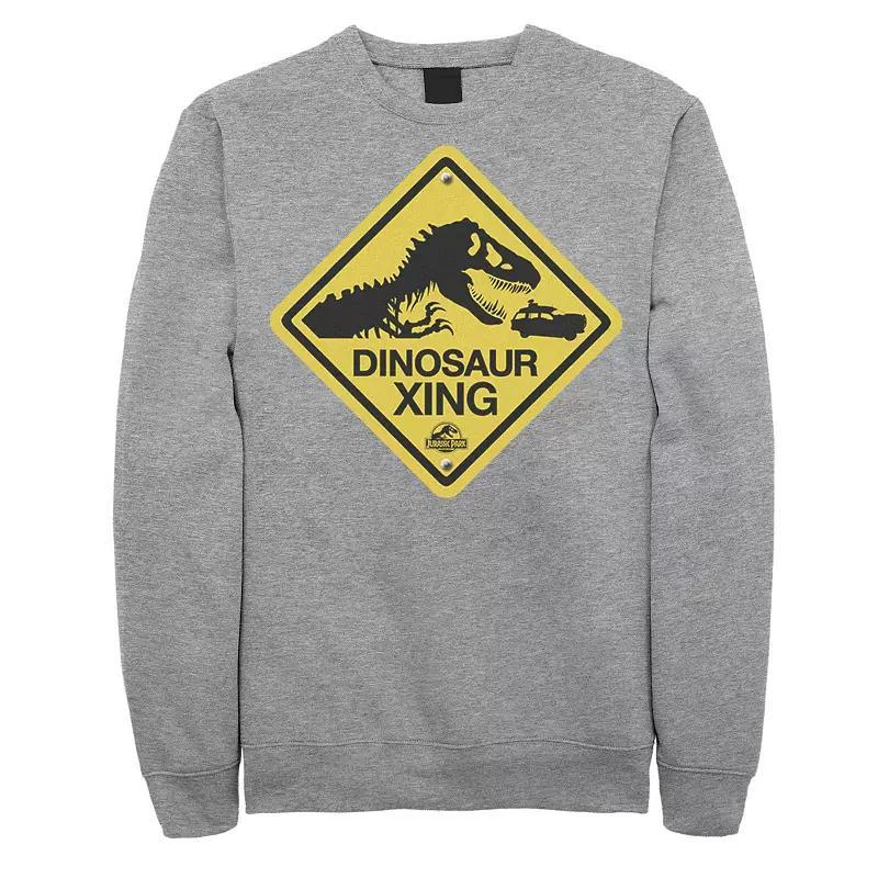Mens Jurassic Park Dinosaur Crossing Yellow Sign Sweatshirt Grey Heather Product Image