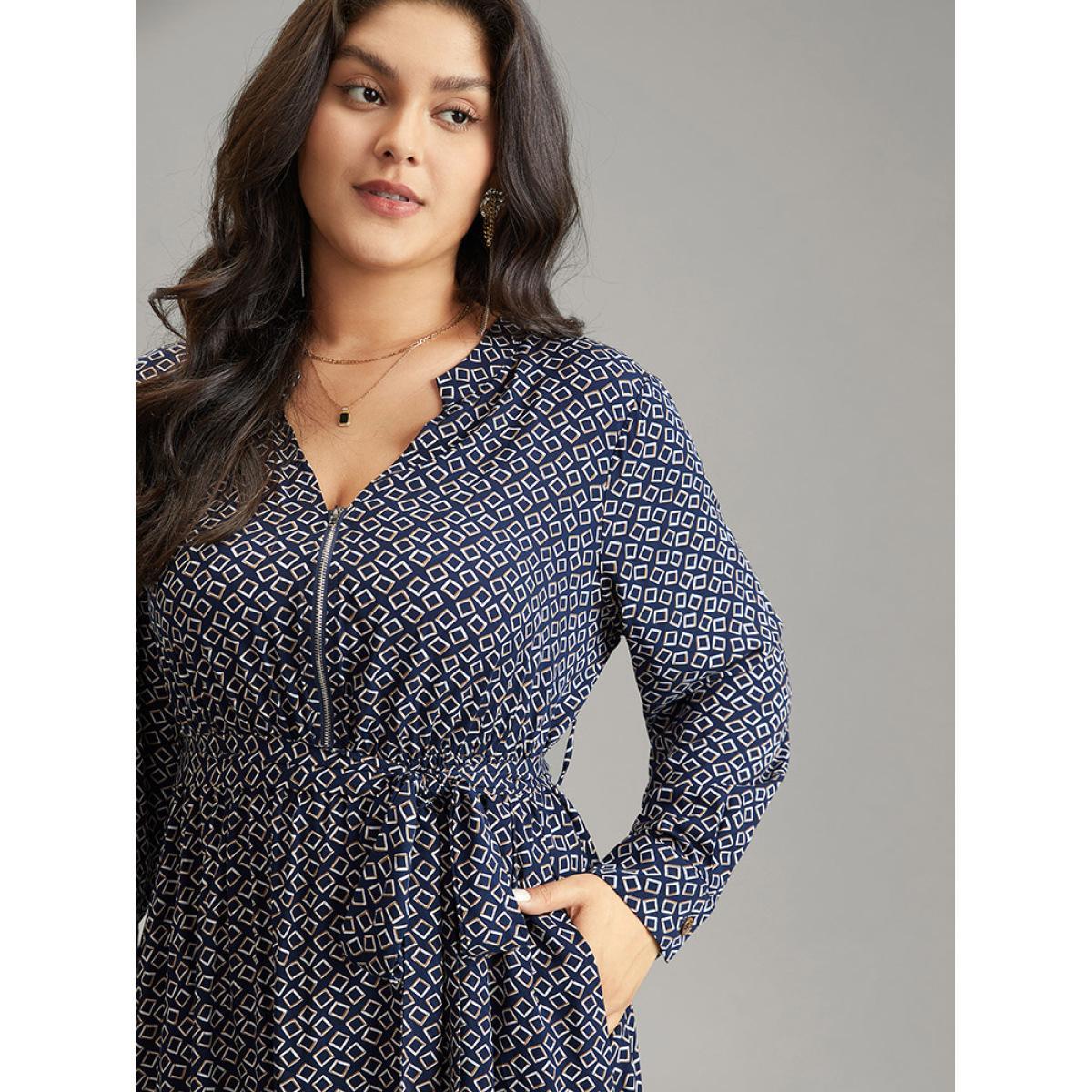 Plus Size Geometric Graphic Notched Zipper Bowknot Dress DarkBlue Women At the Office Belted Notched collar Long Sleeve Curvy Midi Dress BloomChic 18-20/2X Product Image