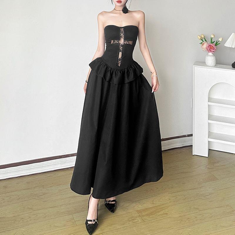 Set: Strapless Cross Panel Maxi A-Line Dress + Shrug Product Image