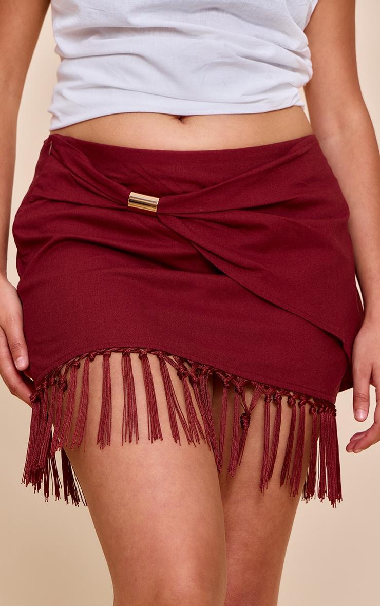 Plus Chocolate Linen Gold Trim Tassle Hem Mini Skirt Product Image