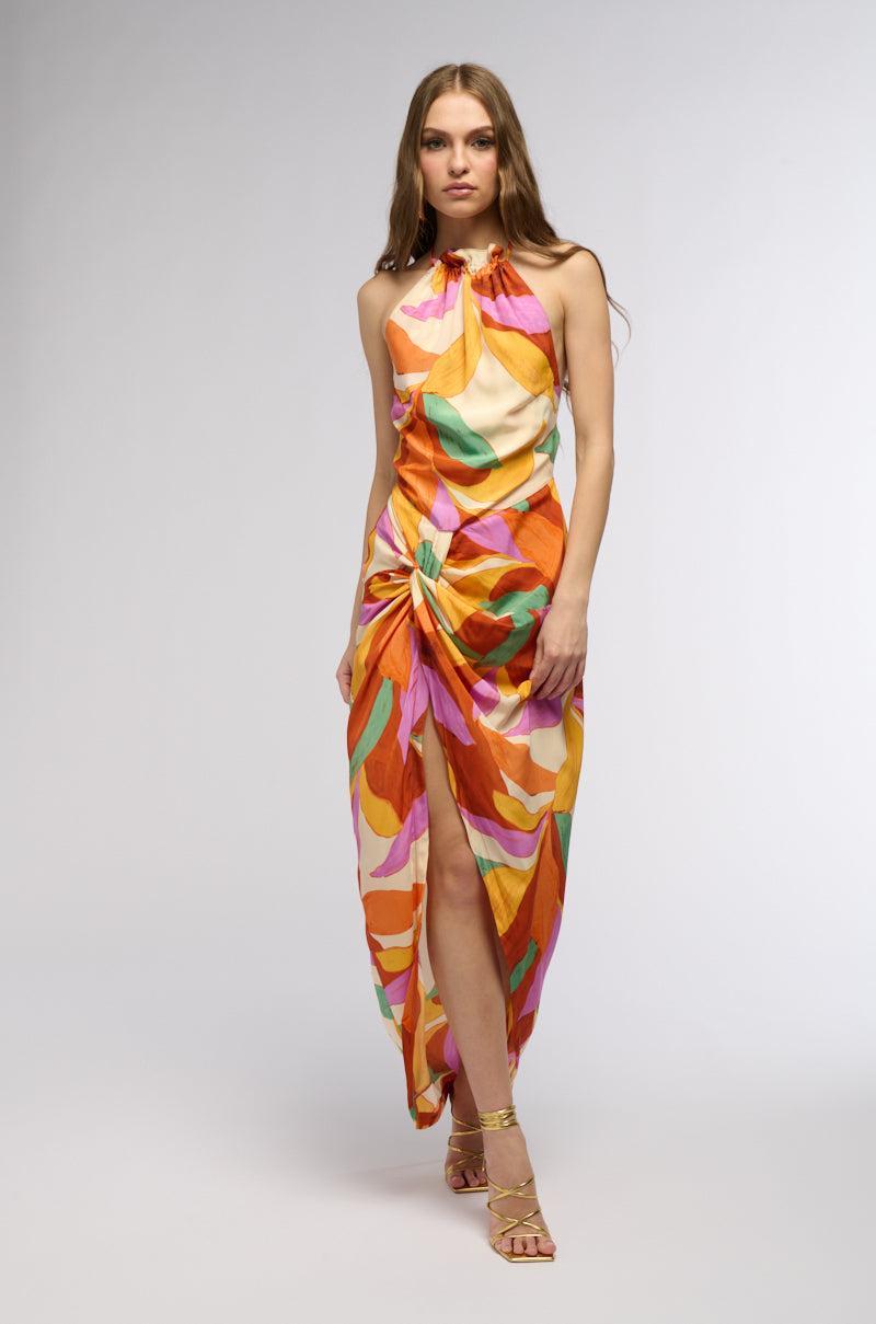 BOTANICAL BEAUTY PRINTED MIDI DRESS IN ORANGE MULTI Product Image