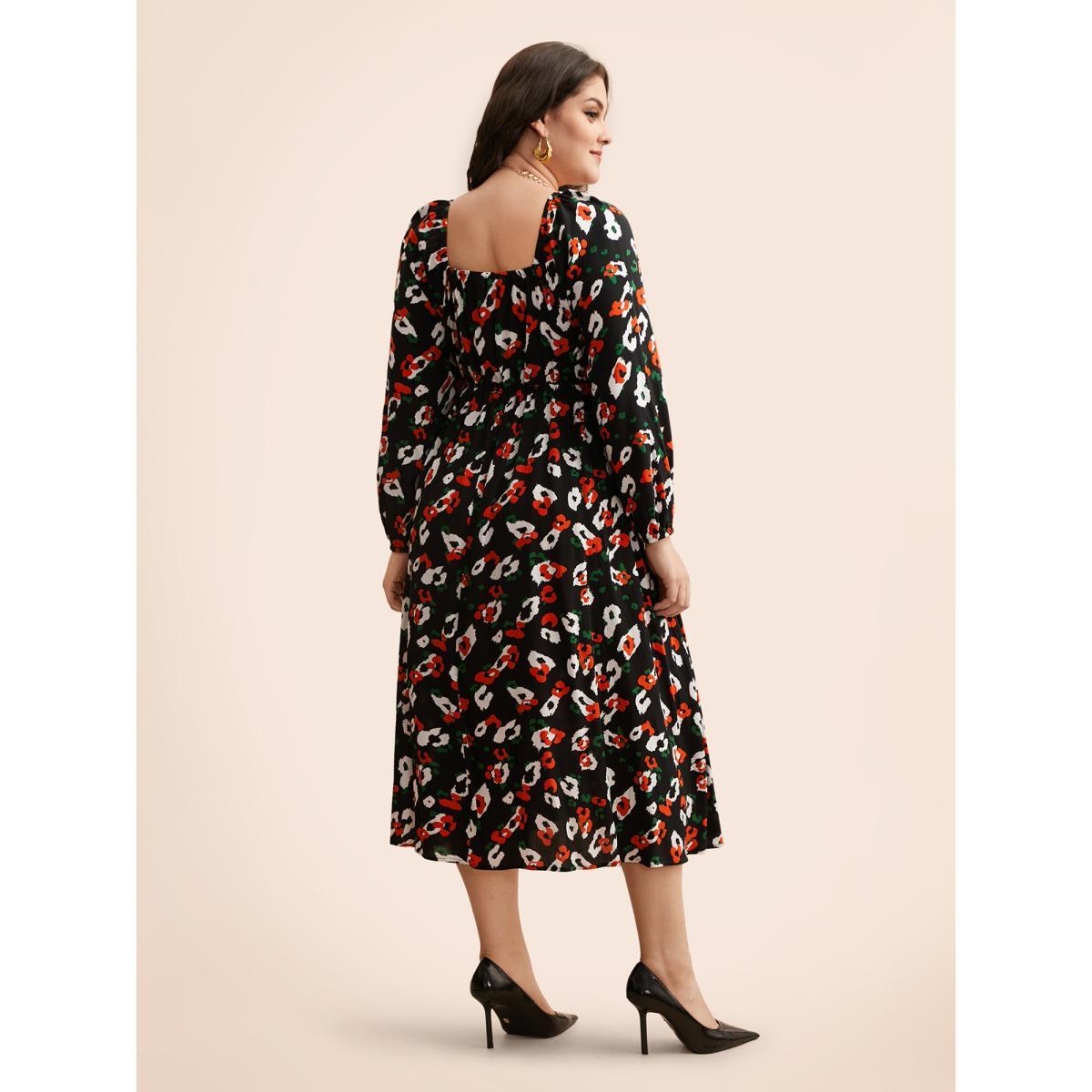 Plus Size Square Neck Animal Print Keyhole Dress Black Women Elegant Gathered Square Neck Long Sleeve Curvy BloomChic 10/M Product Image