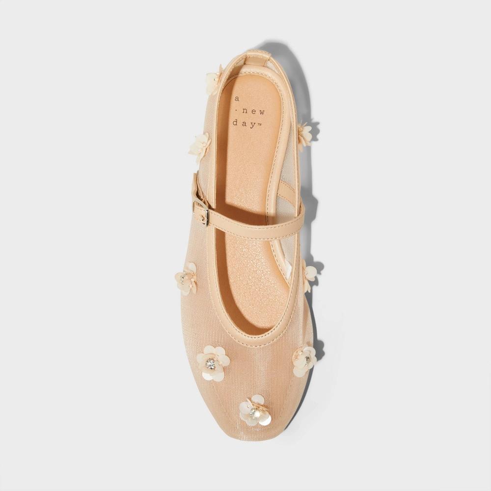 Womens Everly Floral Mesh Mary Jane Ballet Flats with Memory Foam Insole - A New Day Beige 11 Product Image