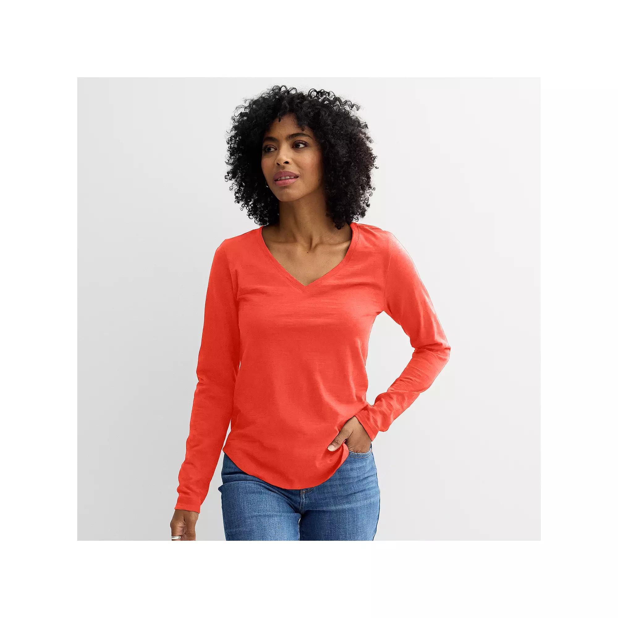 Women's Sonoma Goods For Life® Everyday Long Sleeve V-Neck Tee, Size: Medium, Orange Hibiscus Product Image