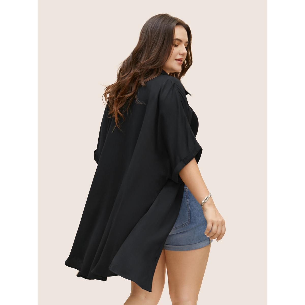 Plus Size Black Rayon Shirt Collar Cuffed Sleeve Pocket Blouse Women Casual Short sleeve Shirt collar Everyday Blouses BloomChic 30/6X Product Image