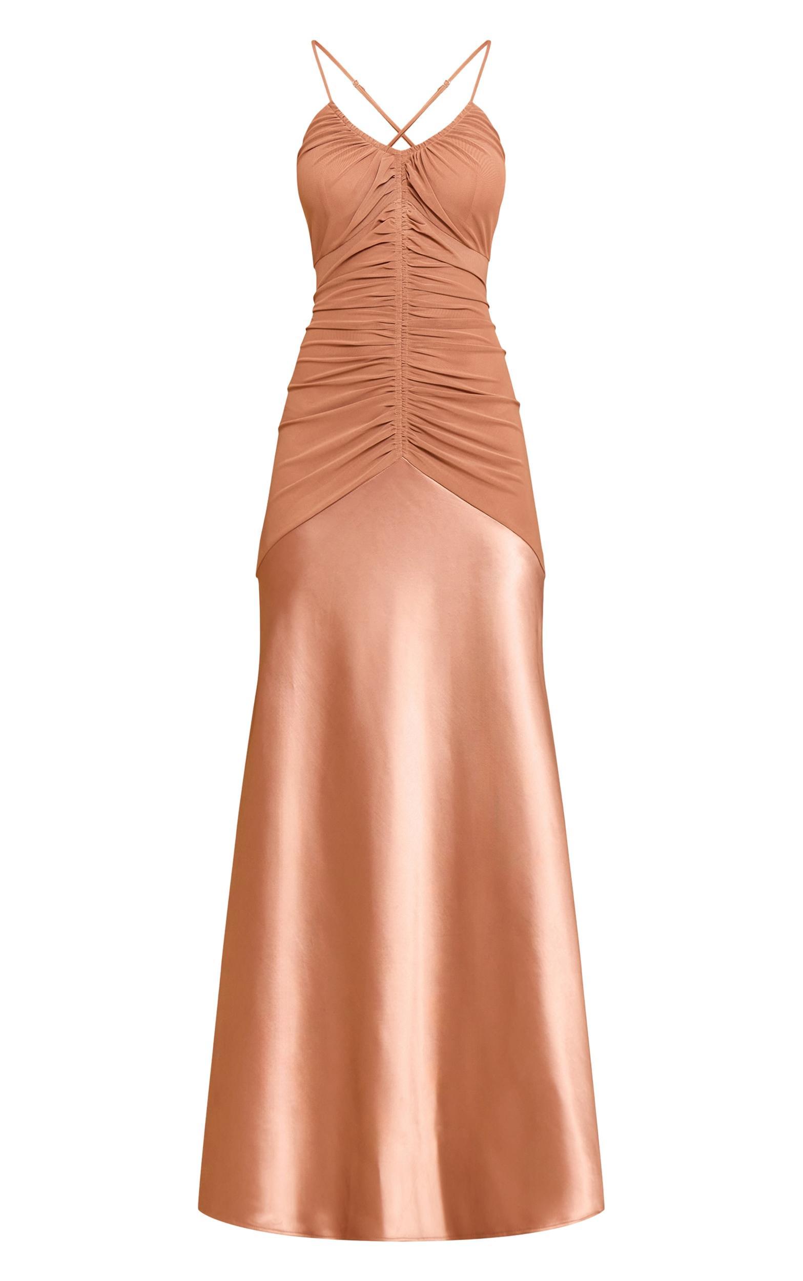 Taupe Ruched Detail Satin Maxi Slip Dress Product Image