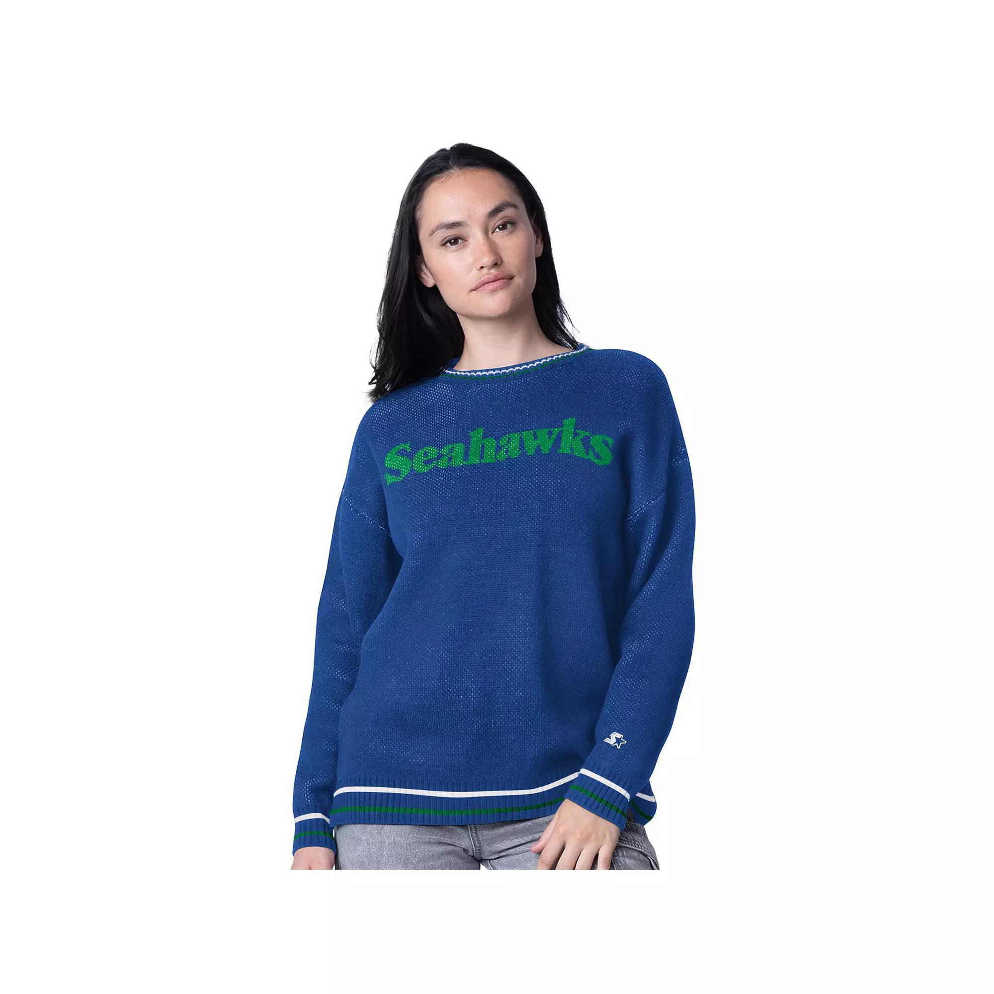 Women's Starter Royal Seattle Seahawks Oversized On the Ball Intarsia Knit Pullover Sweater, Size: XL, Blue Product Image