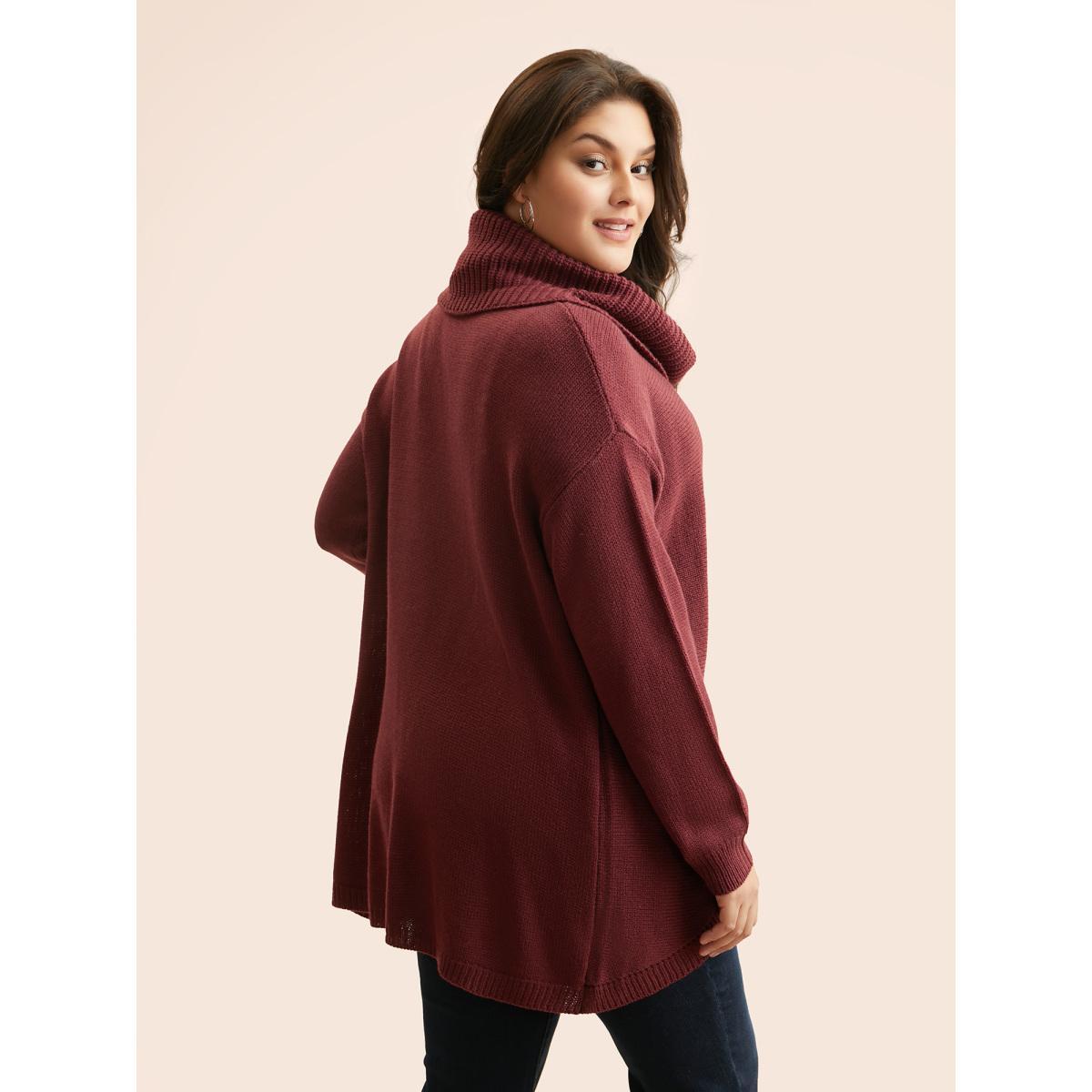 Plus Size Texture Turtleneck Slit Front Pullover Deepred Women Casual Long Sleeve Turtleneck Everyday Pullovers BloomChic 18-20/2X Product Image