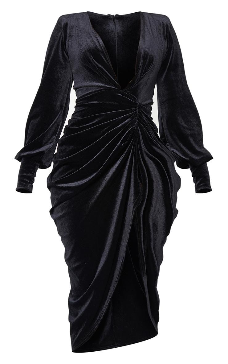 Black Velvet Long Sleeve Plunge Draped Midi Dress Product Image
