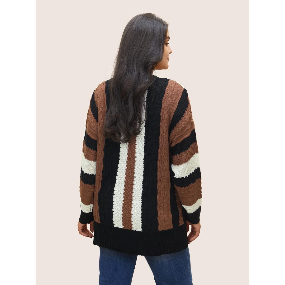 Plus Size Contrast Colorblock Wrap Deep V Neck Pullover DarkBrown Women Casual Long Sleeve Deep V-neck Everyday Pullovers BloomChic 30/6X Product Image