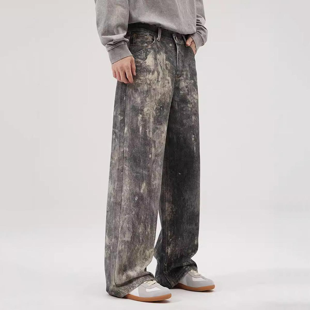 Men's Digital Print Gray And Black Baggy Jeans Product Image