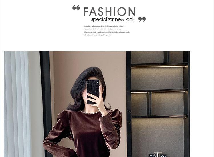 Long Sleeve Round Neck Velvet Sequin Hem Midi A-Line Dress Product Image